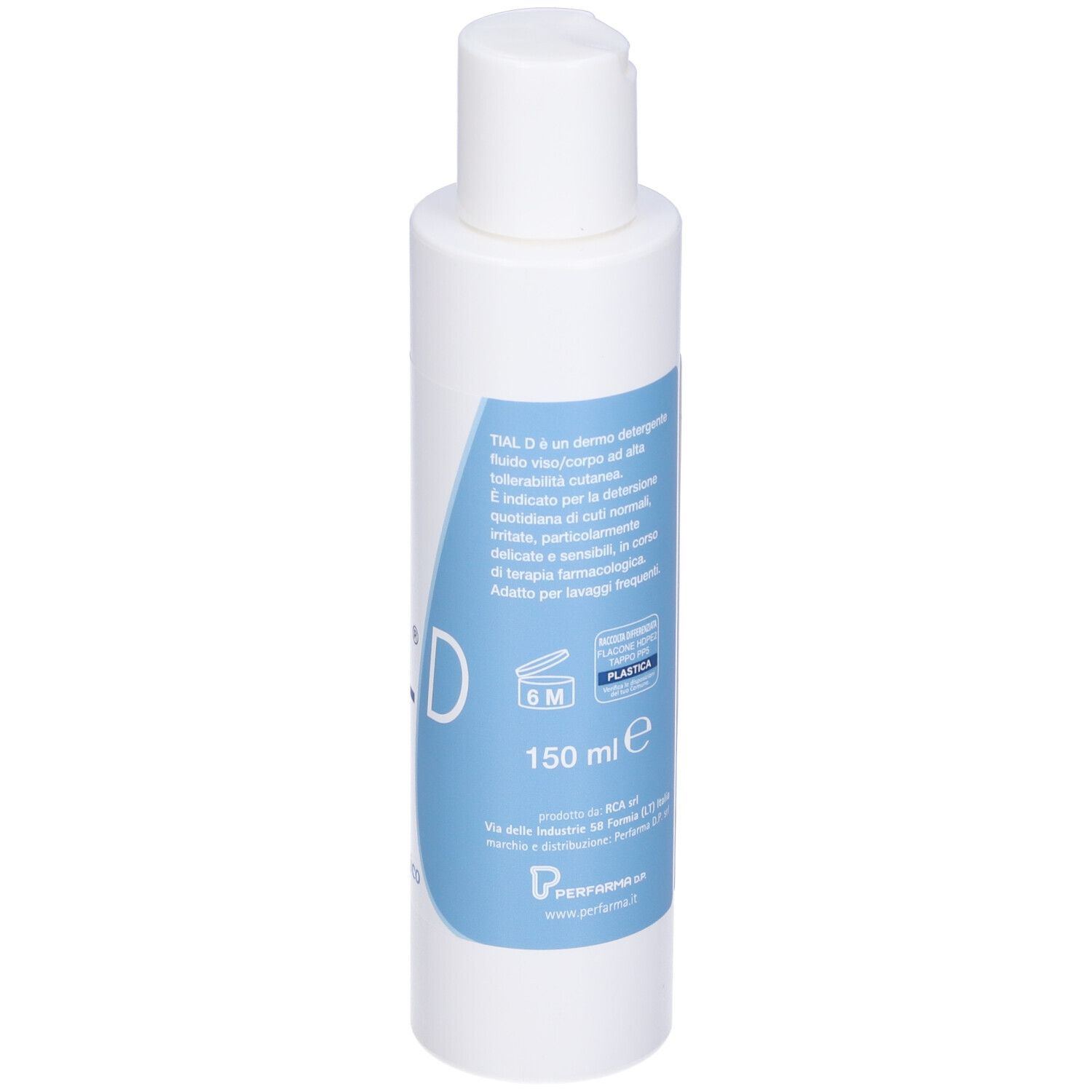 Flacone bianco con etichetta blu. Scritta: Tial D, 150 ml, pH.