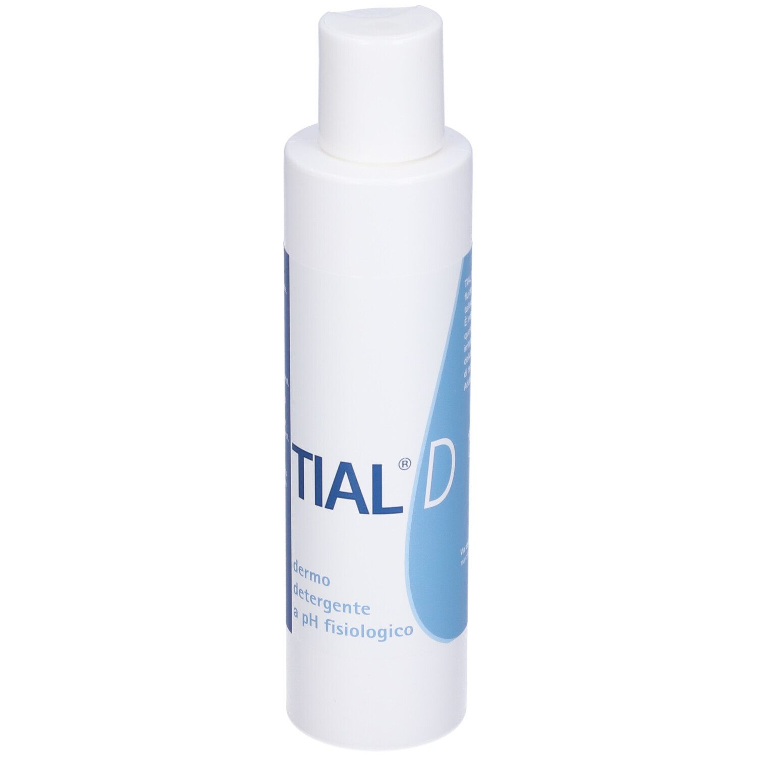 Flacone bianco con etichetta blu. Scritta: Tial D, pH.