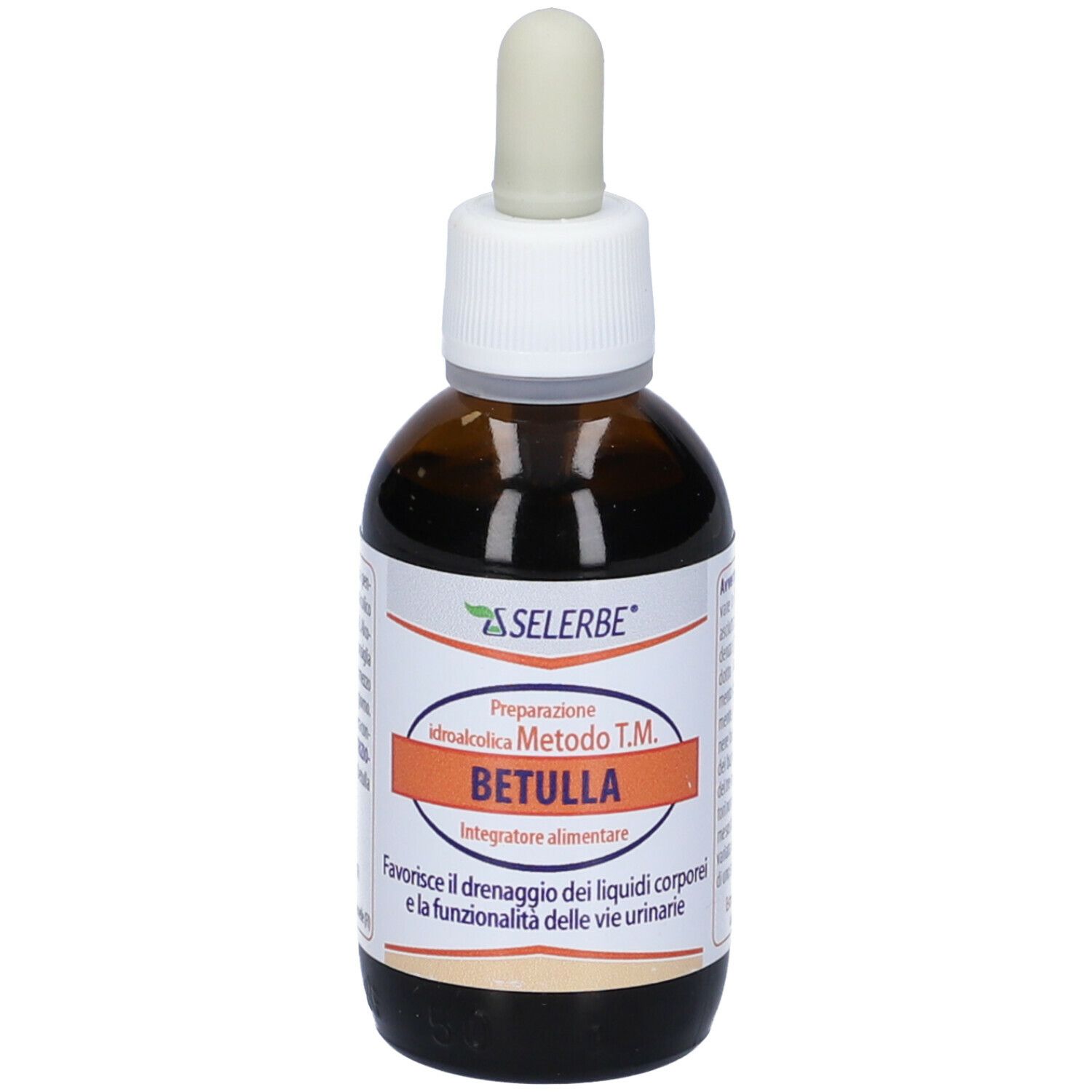 Flacone di vetro marrone con contagocce. Scritta: Selerbe Betulla, Integratore alimentare.
