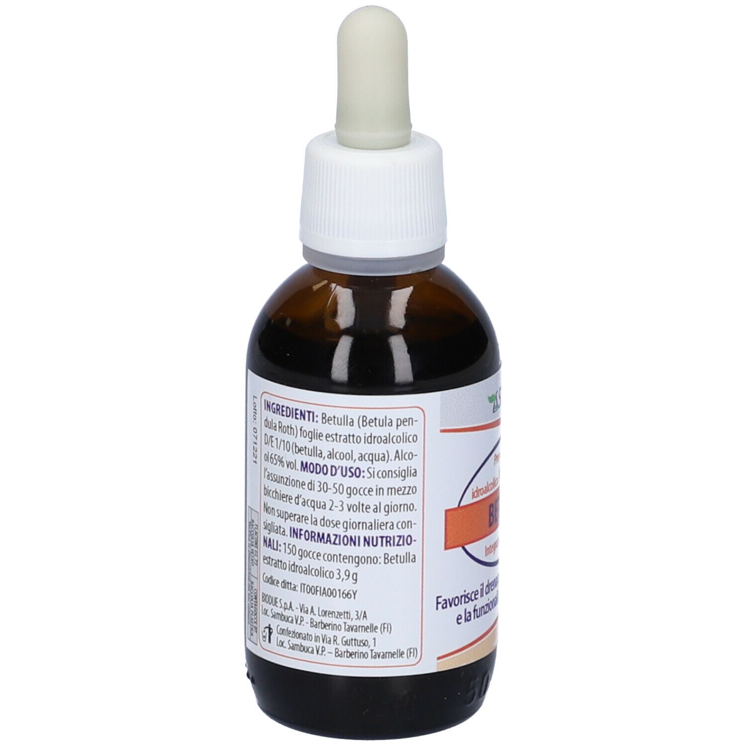 Flacone di vetro marrone con contagocce. Etichetta con ingredienti e istruzioni per l'uso.