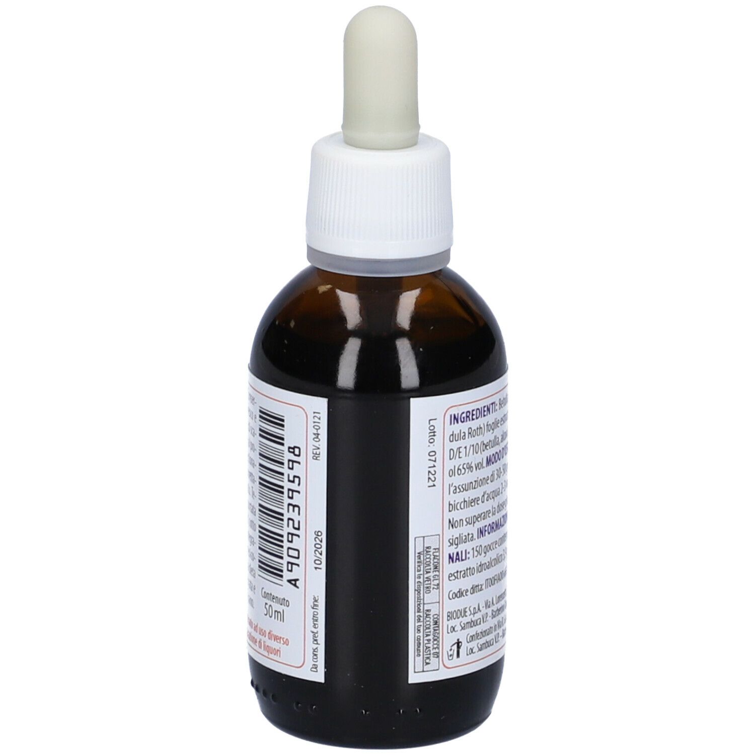 Flacone di vetro marrone con contagocce. Etichetta con codice a barre e volume: 50ml.