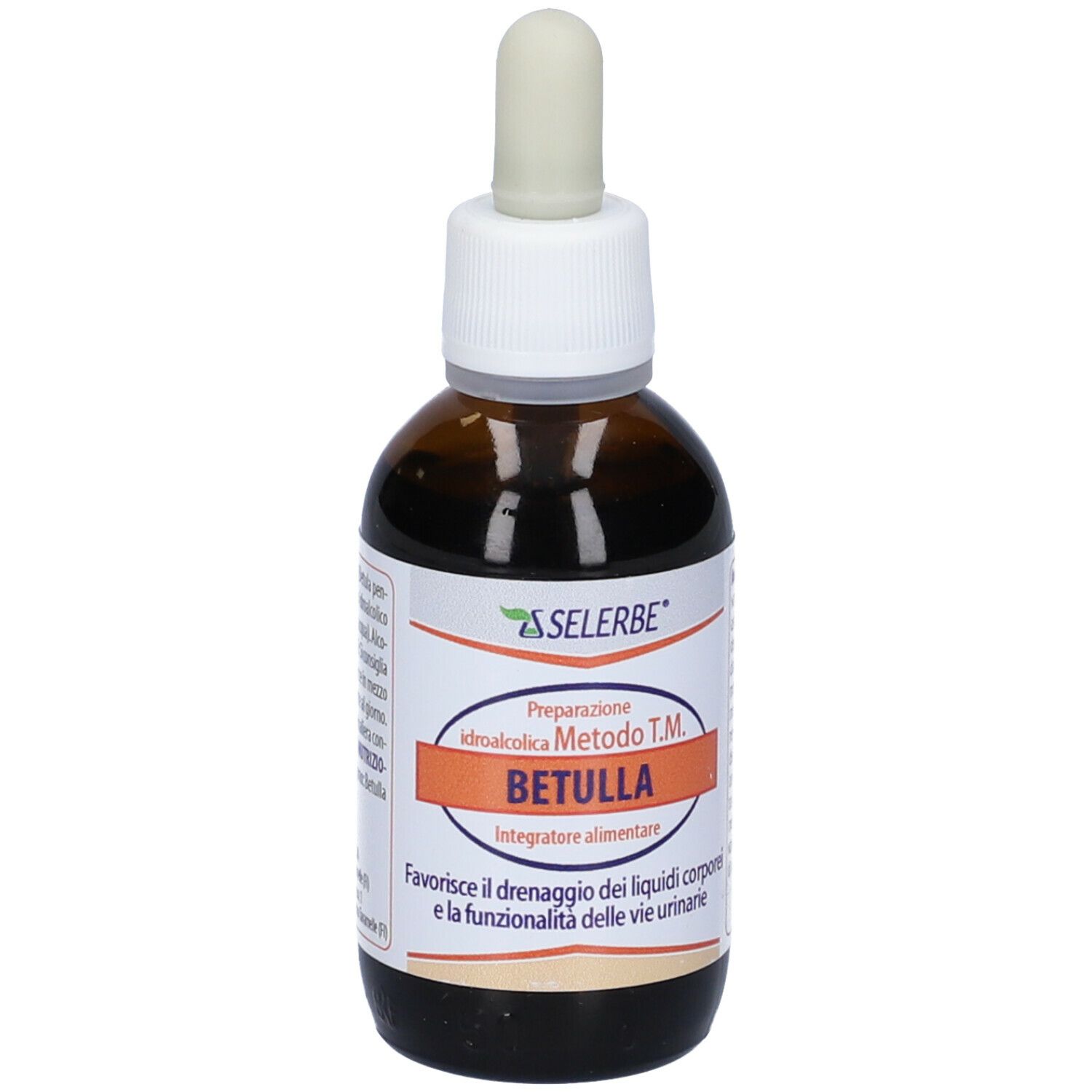 Flacone di vetro marrone con contagocce. Scritta: Selerbe Betulla, Integratore alimentare.