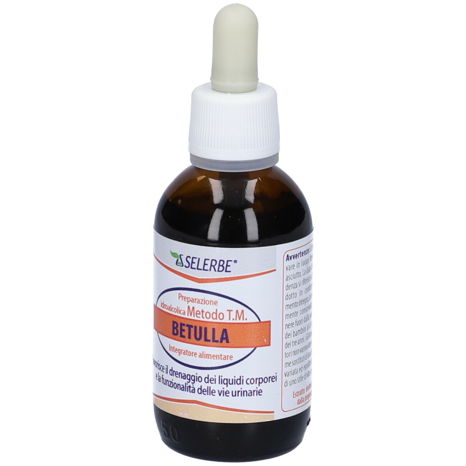 Flacone di vetro marrone con contagocce. Scritta: Selerbe Betulla, Integratore alimentare.