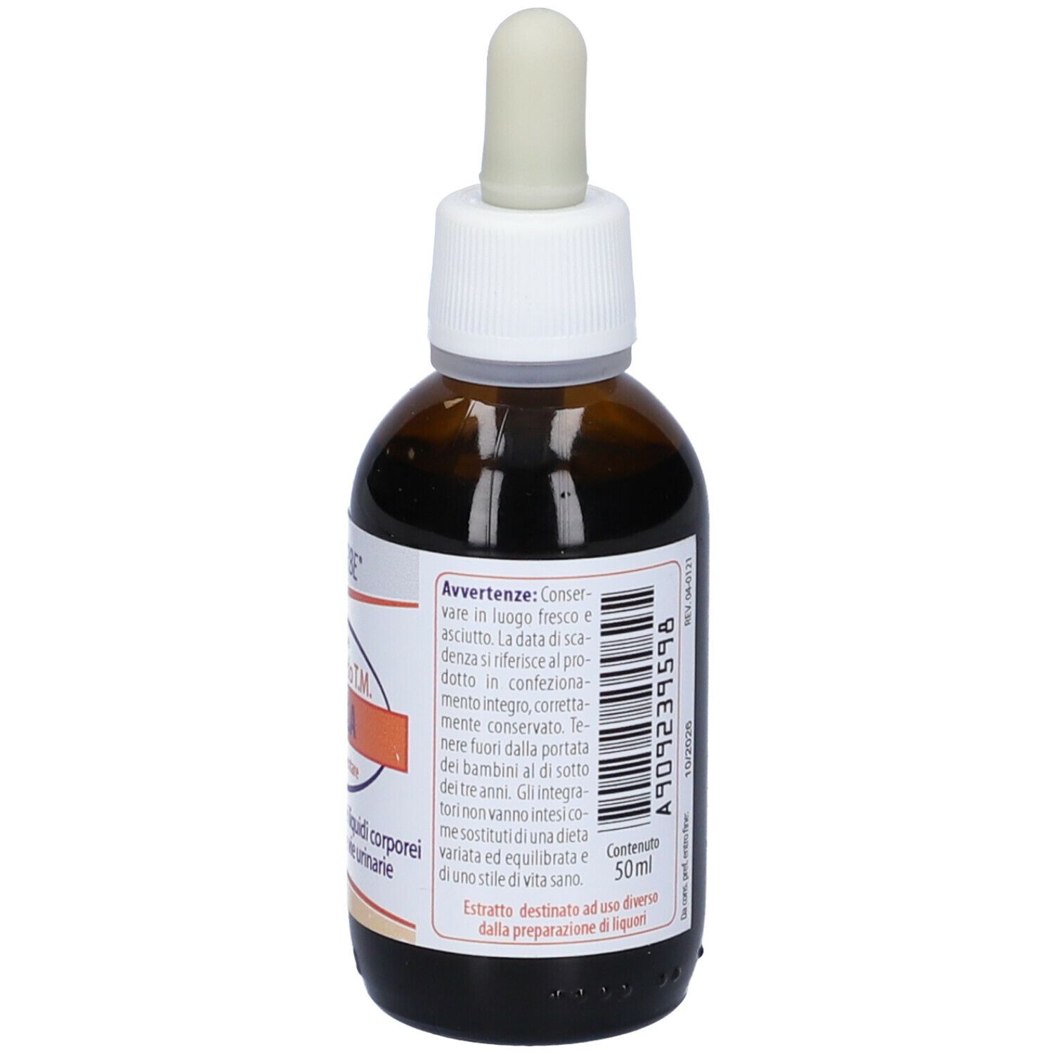 Flacone di vetro marrone con contagocce. Etichetta con avvertenze e volume: 50ml.