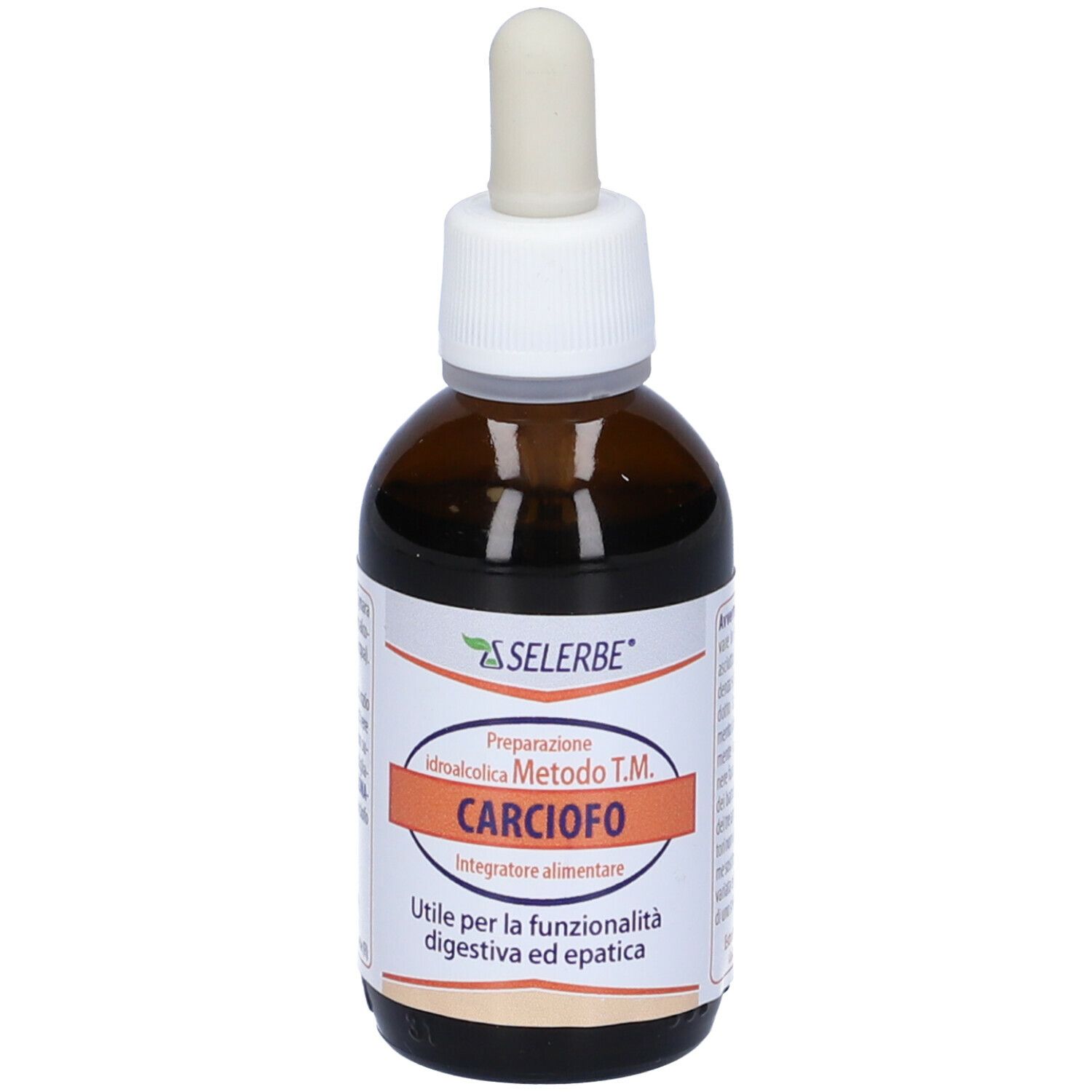 Flacone di vetro marrone con contagocce. Scritta: Selerbe, Carciofo, Integratore alimentare.