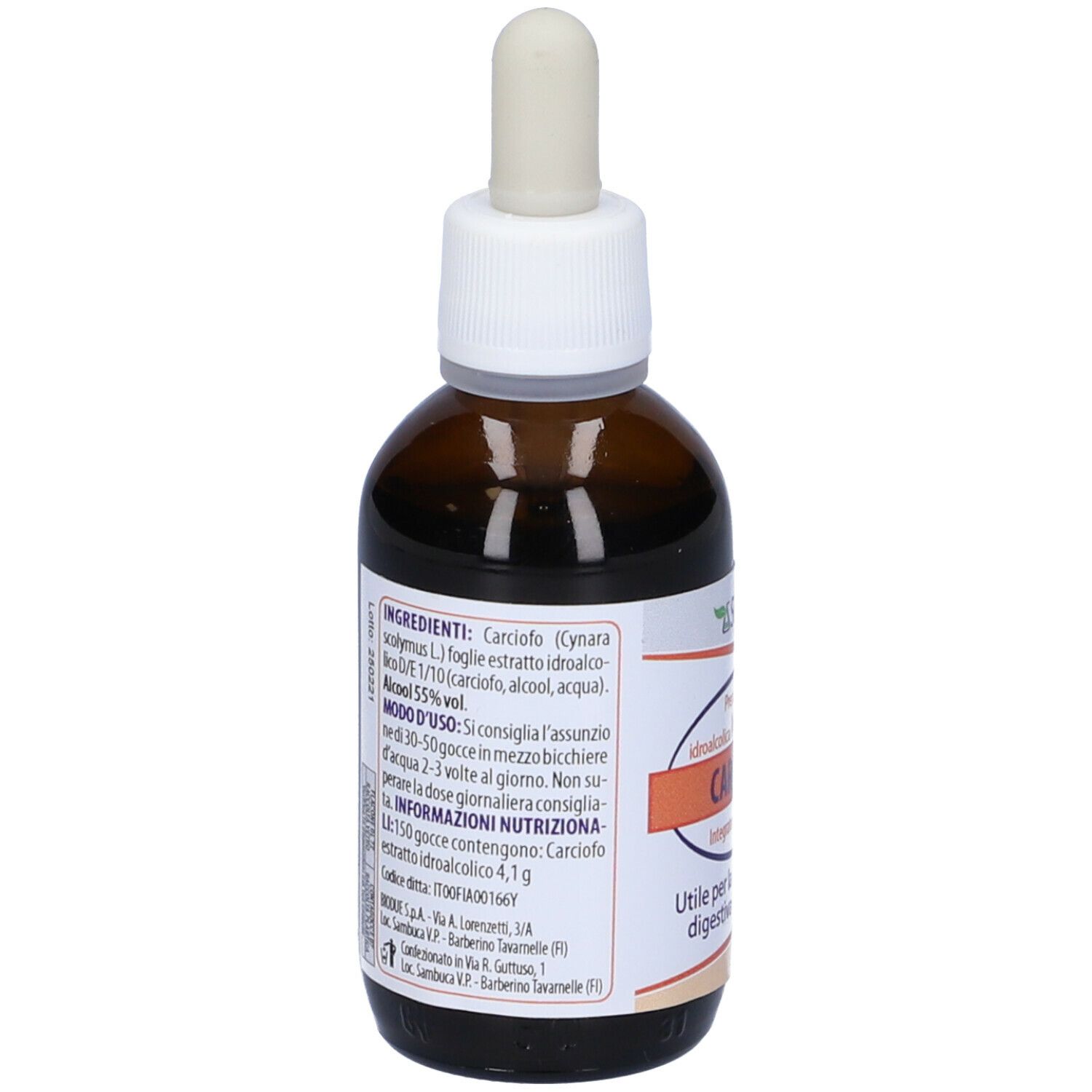 Flacone di vetro marrone con contagocce. Scritta: Selerbe, Carciofo, Integratore alimentare. Elenco ingredienti.