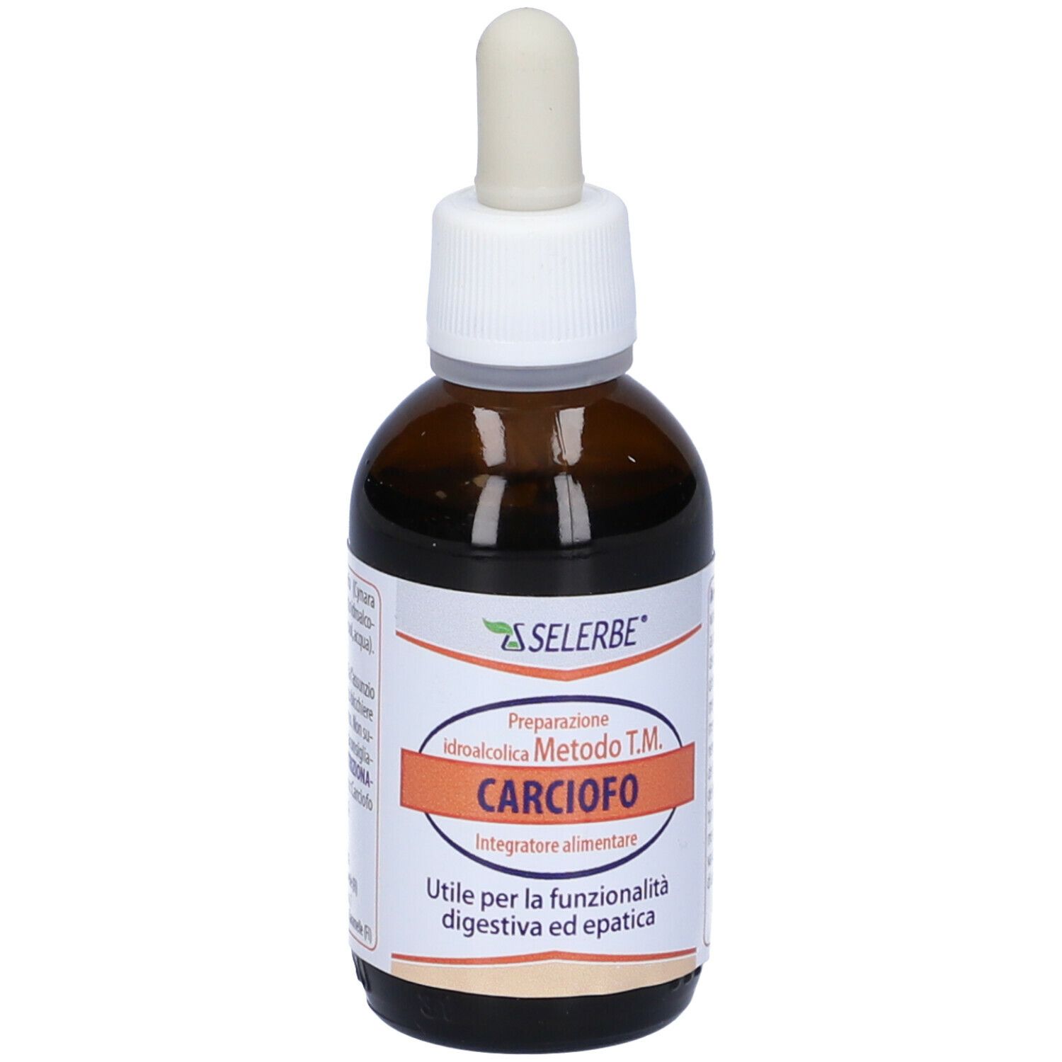 Flacone di vetro marrone con contagocce. Scritta: Selerbe, Carciofo, Integratore alimentare.