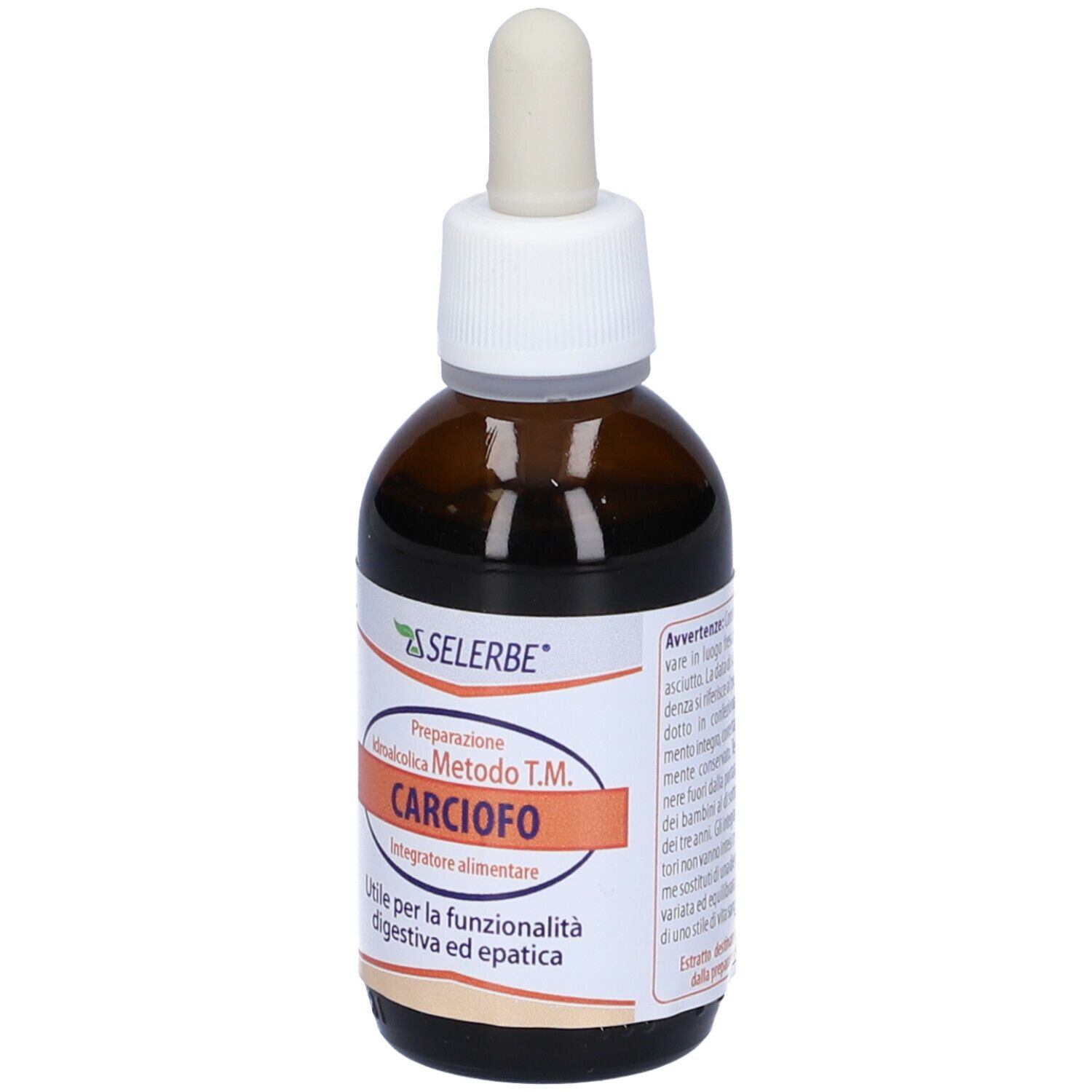 Flacone di vetro marrone con contagocce. Scritta: Selerbe, Carciofo, Integratore alimentare.