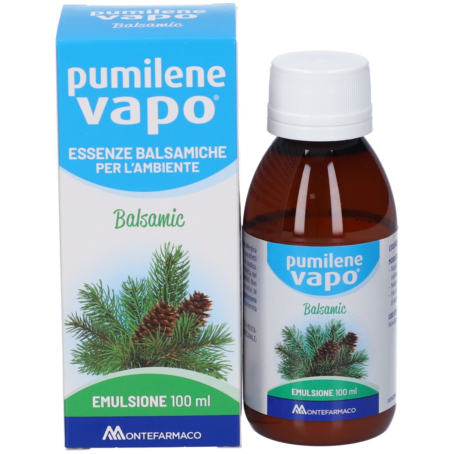 Pumilene Vapo Balsamic Emulsion Flasche und Karton. Braune Glasflasche mit weißem Deckel. "Pumilene Vapo" und "Balsamic" Beschriftung.