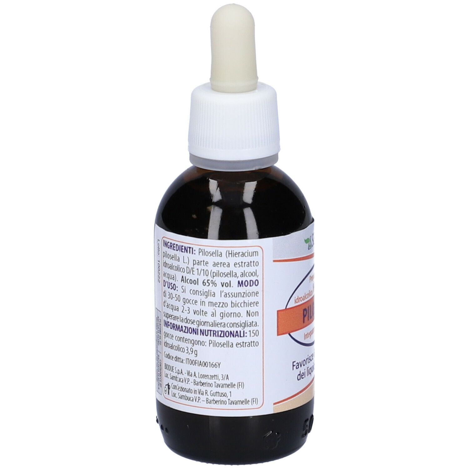 Flacone di vetro marrone con contagocce. Scritta: Selerbe, Pilosella, ingredienti, istruzioni per l'uso.