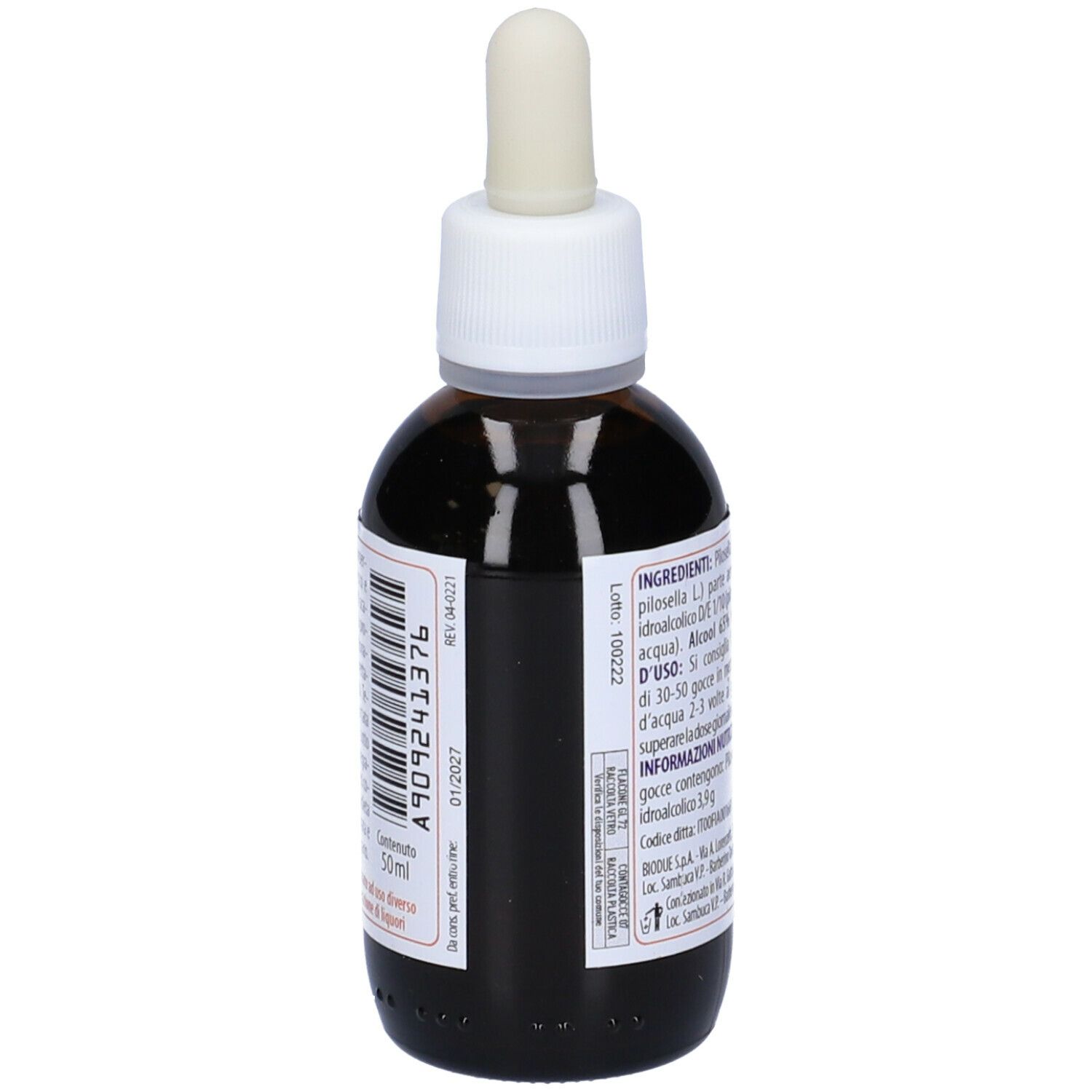 Flacone di vetro marrone con contagocce. Scritta: Selerbe, Pilosella, ingredienti, istruzioni per l'uso.
