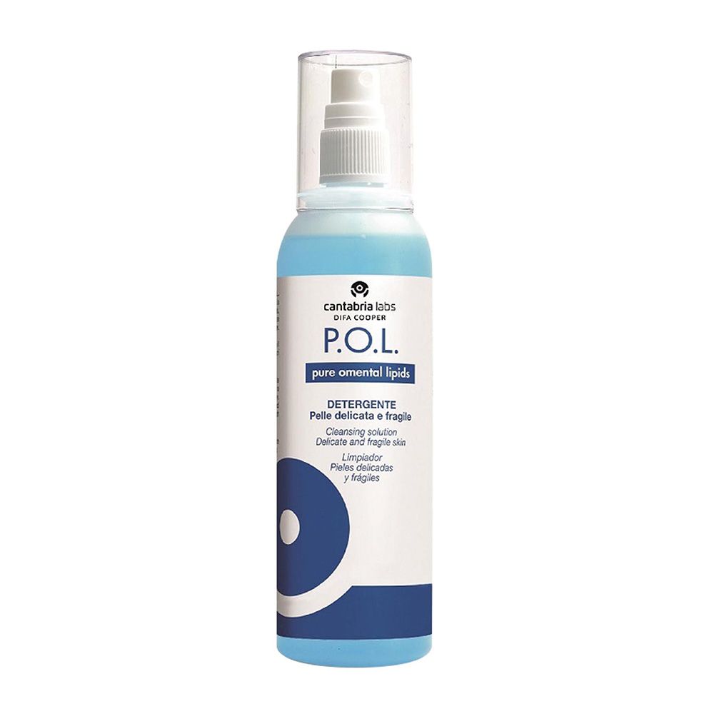 Flacone blu e bianco con vaporizzatore. Scritta: P.O.L. Detergente. Soluzione detergente per pelli delicate.