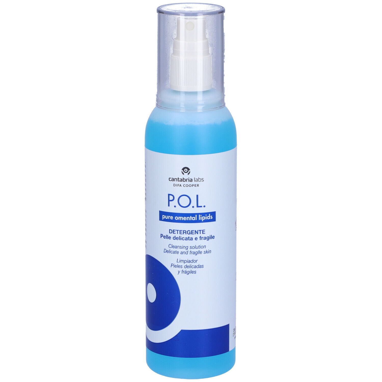 Flacone blu e bianco con vaporizzatore. Scritta: P.O.L. Detergente. Soluzione detergente per pelli delicate.