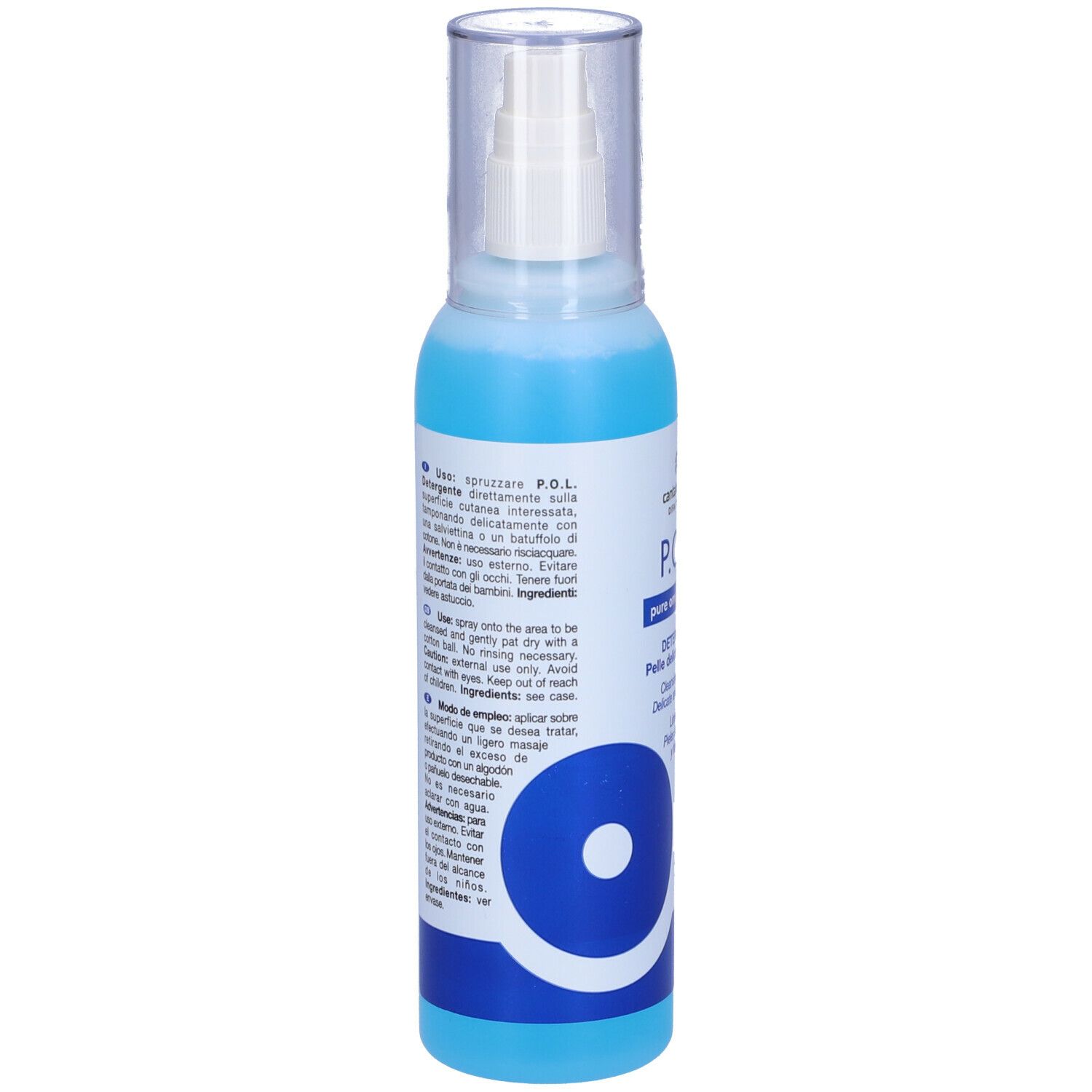 Flacone blu e bianco con vaporizzatore. Scritta: P.O.L. Detergente. Soluzione detergente per pelli delicate.