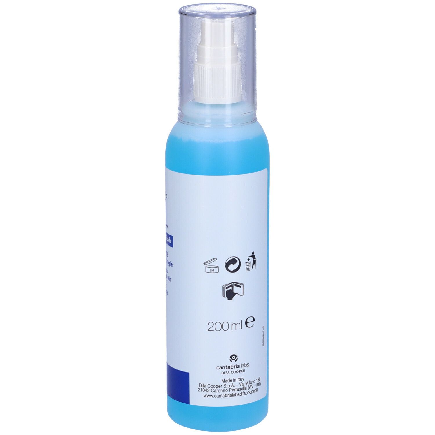 Flacone blu e bianco con vaporizzatore. Scritta: P.O.L. Detergente. Soluzione detergente per pelli delicate.