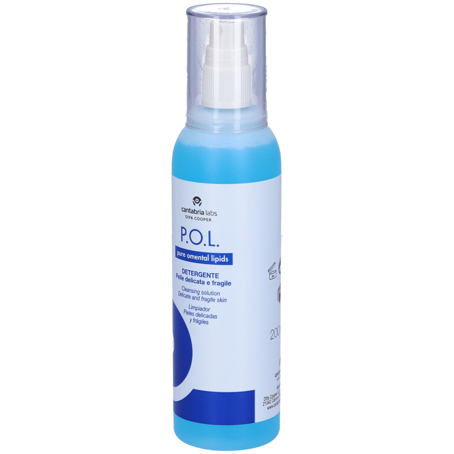 Flacone blu e bianco con vaporizzatore. Scritta: P.O.L. Detergente. Soluzione detergente per pelli delicate.