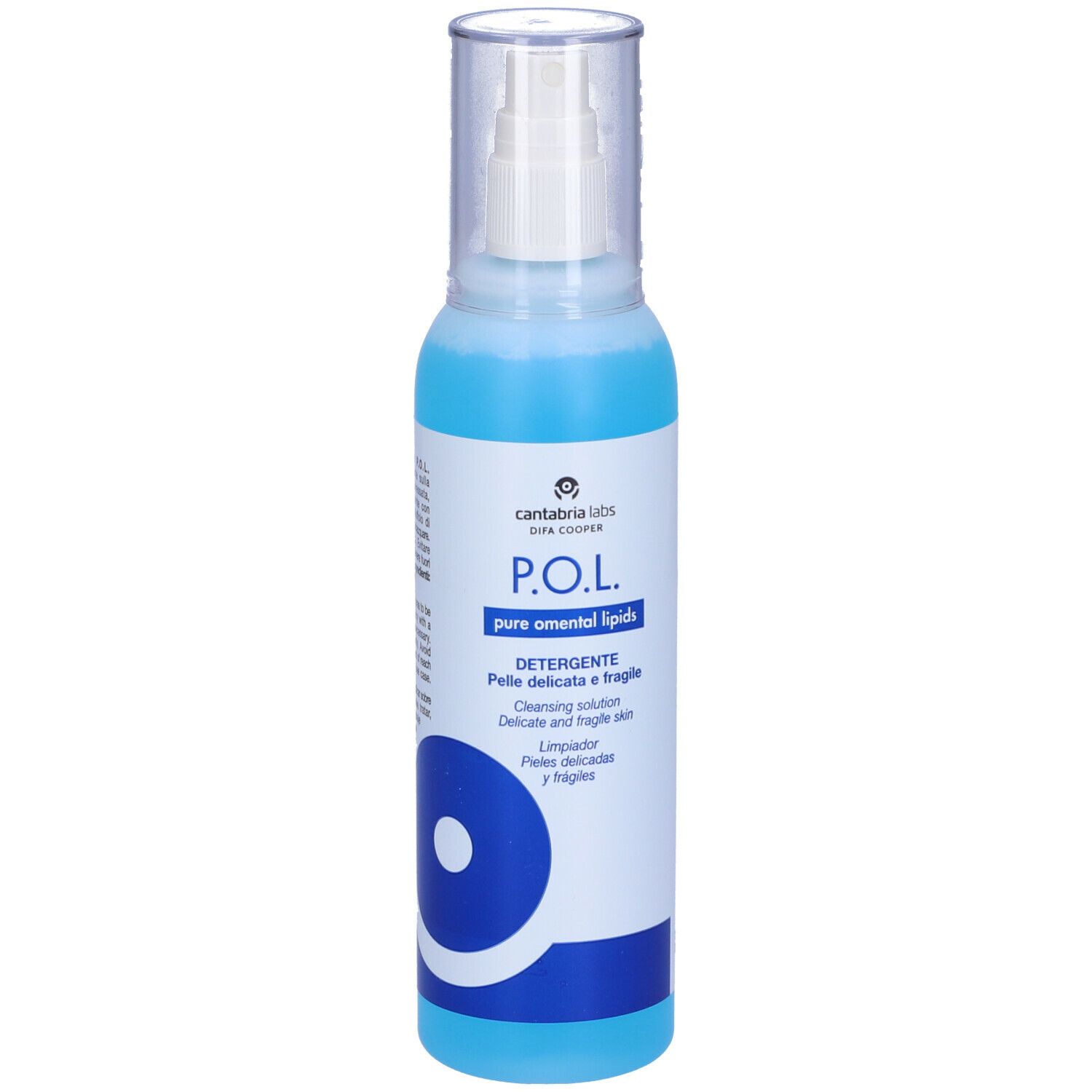 Flacone blu e bianco con vaporizzatore. Scritta: P.O.L. Detergente. Soluzione detergente per pelli delicate.