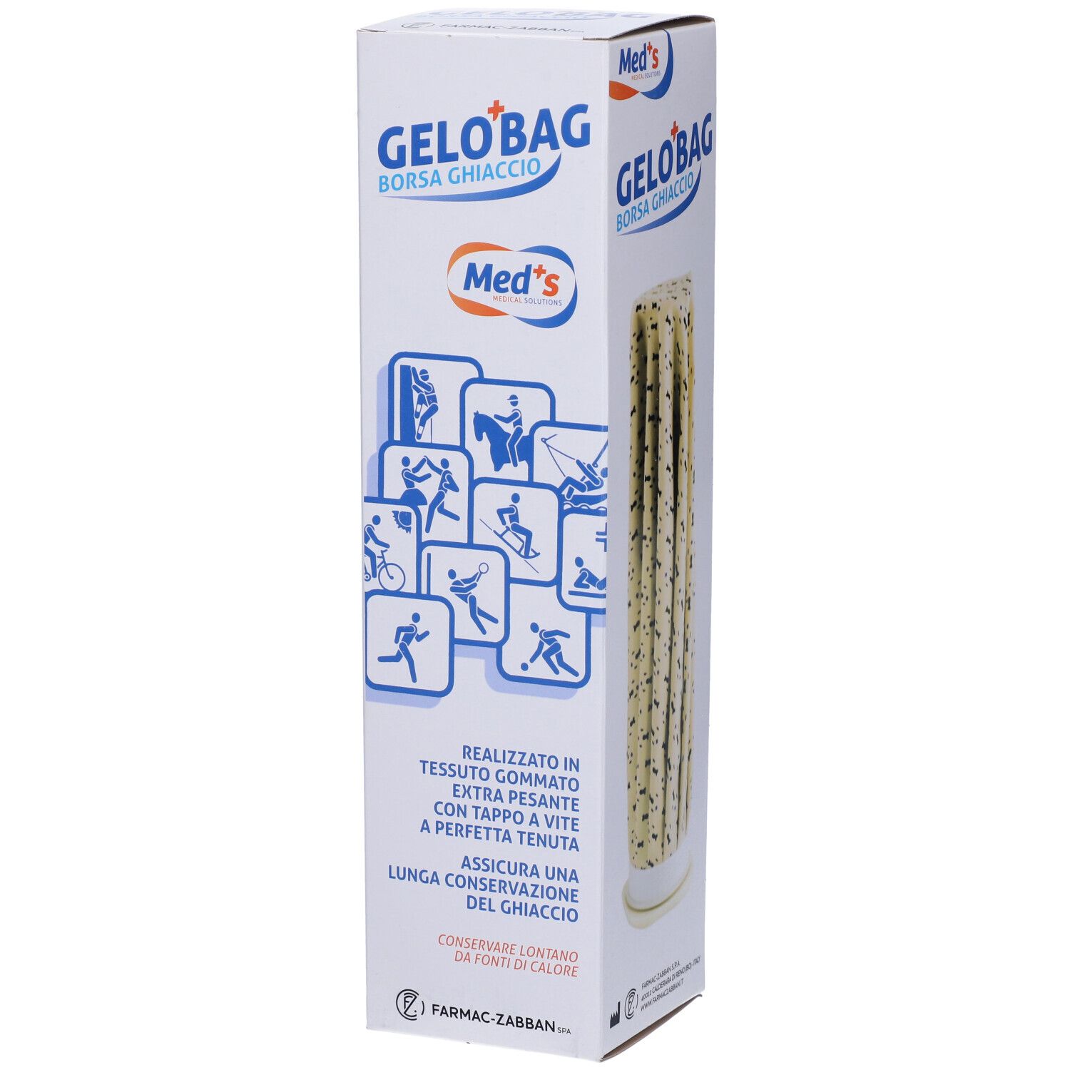 Confezione Gelo'Bag. Testo informativo e loghi. Scritta: Med's, Borsa Ghiaccio.