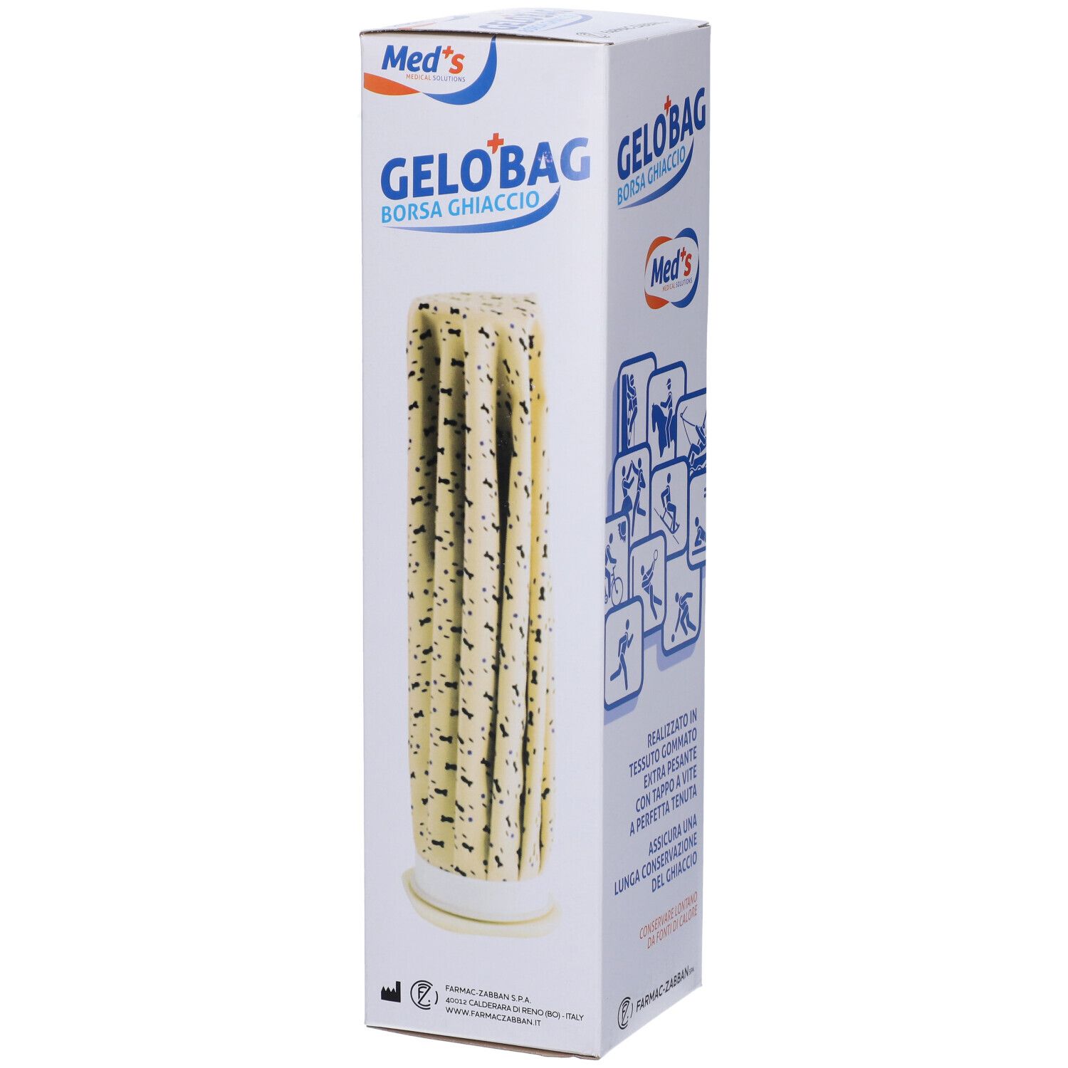 Gelo'Bag nella confezione. Prodotto di forma cilindrica. Scritta: Med's, Borsa Ghiaccio.