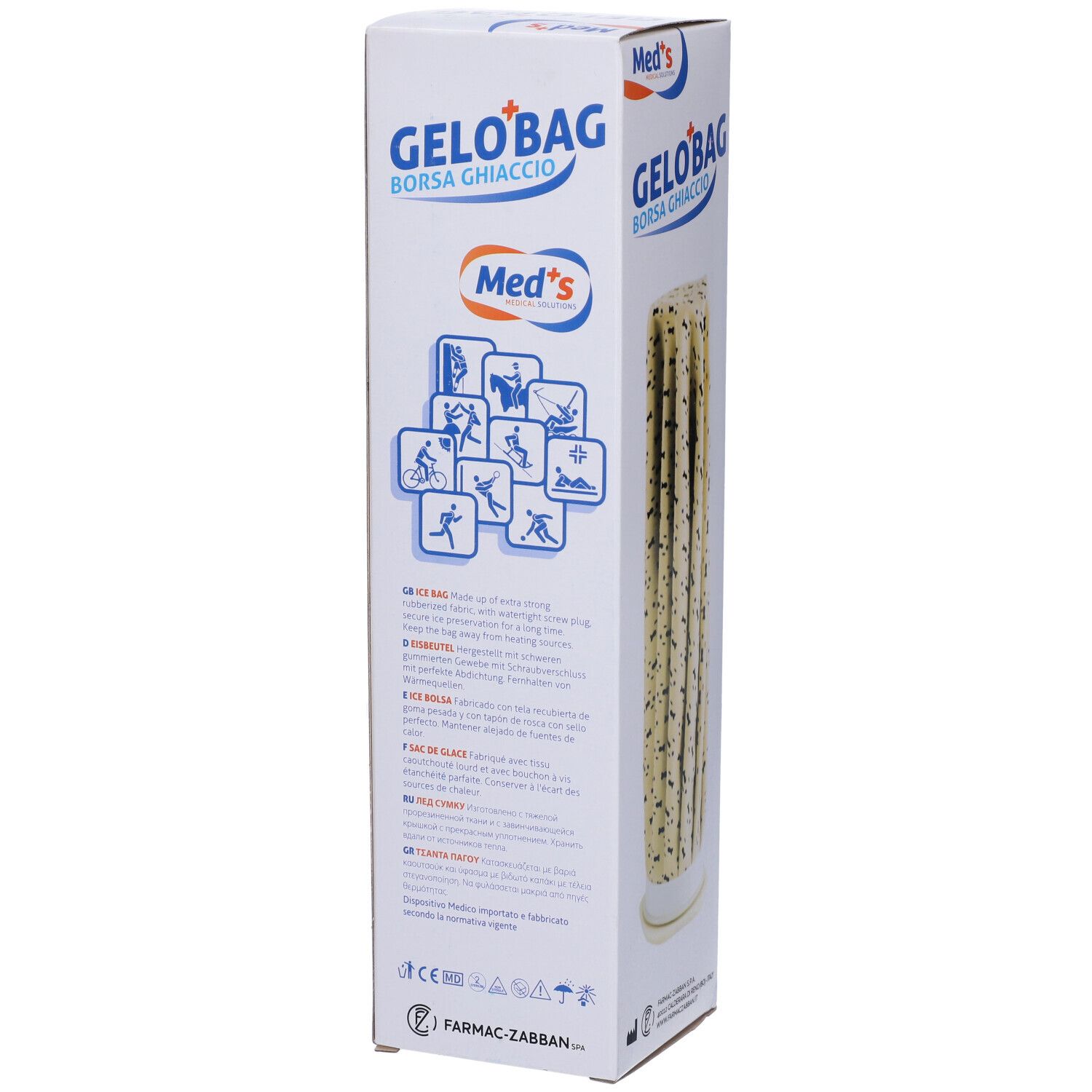Confezione Gelo'Bag. Retro con testo e loghi. Scritta: Med's, Borsa Ghiaccio.