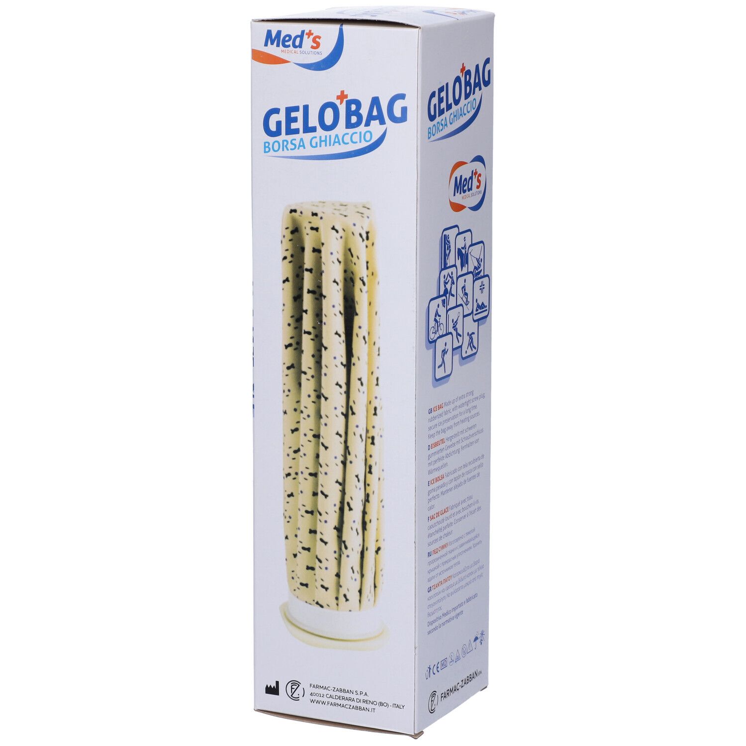 Gelo'Bag nella confezione. Prodotto di forma cilindrica. Scritta: Med's, Borsa Ghiaccio.