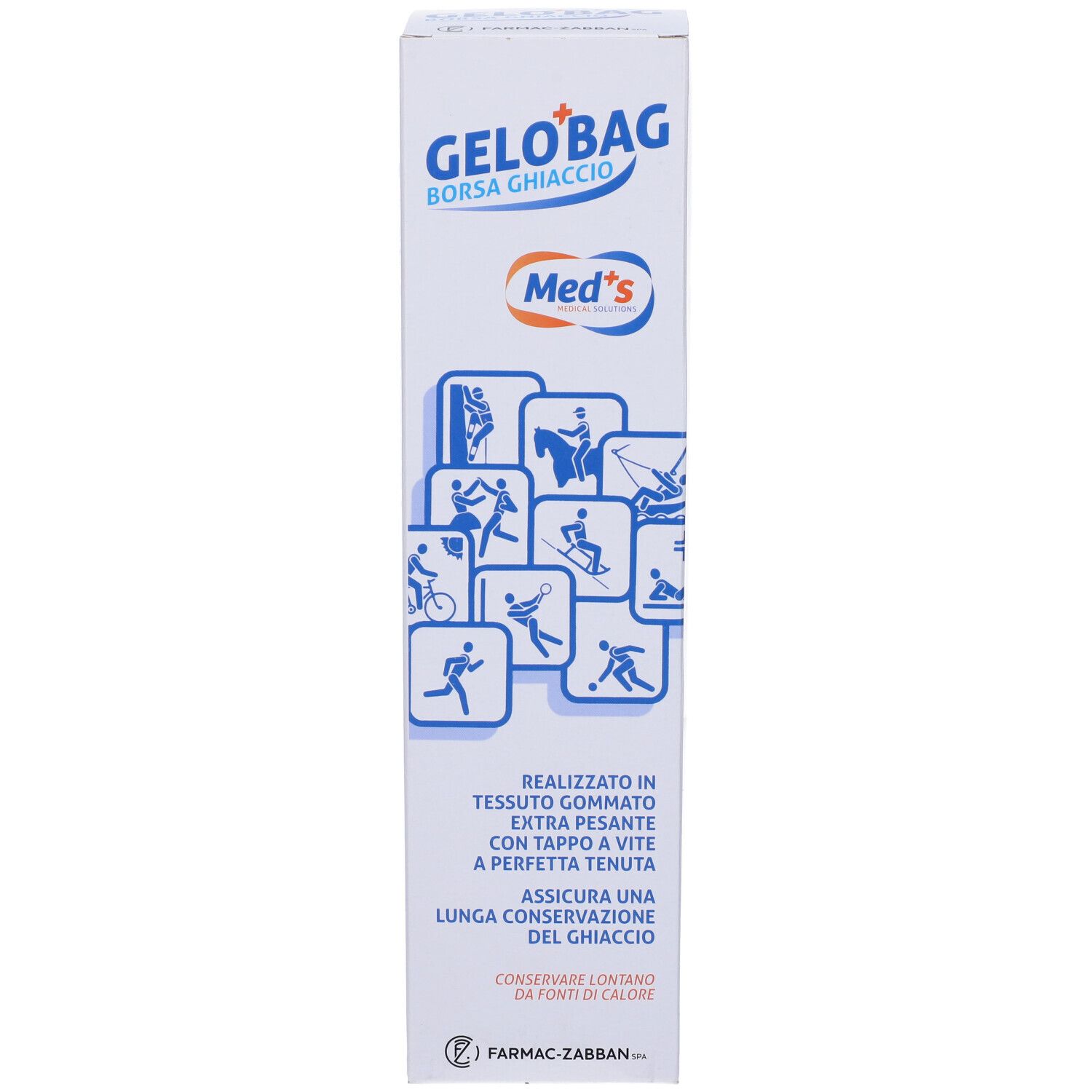 Confezione Gelo'Bag. Testo informativo e loghi. Scritta: Med's, Borsa Ghiaccio.