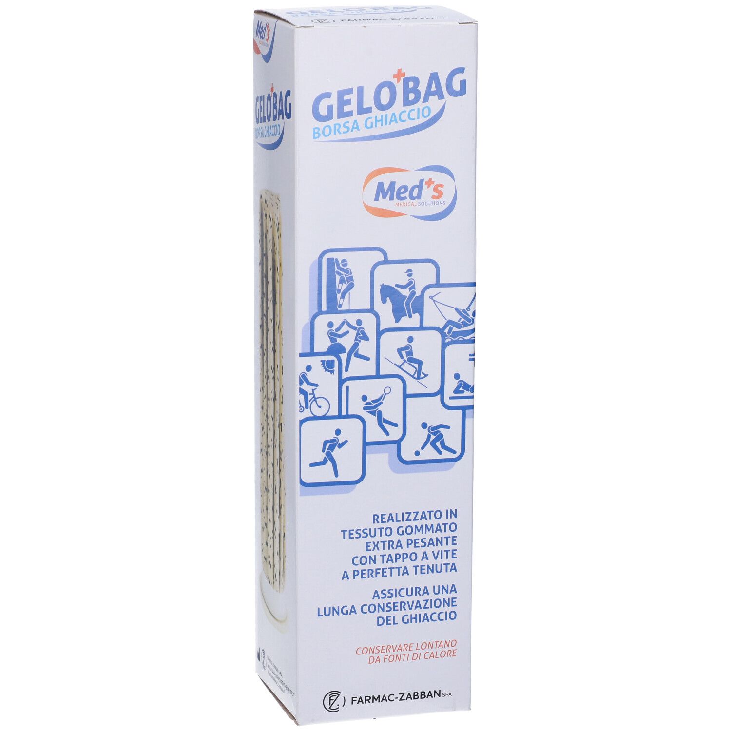 Confezione Gelo'Bag. Testo informativo e loghi. Scritta: Med's, Borsa Ghiaccio.