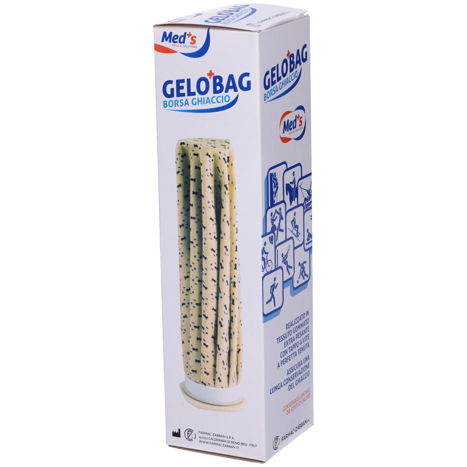 Gelobag Borsa Ghiaccio in Verpackung. Weißer Karton mit Produktnamen und Logo. Eisbeutel sichtbar.