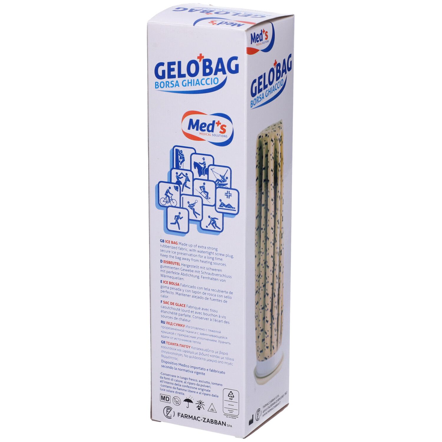 Gelobag Borsa Ghiaccio in Verpackung. Weißer Karton mit Produktnamen und Logo. Text und Piktogramme.