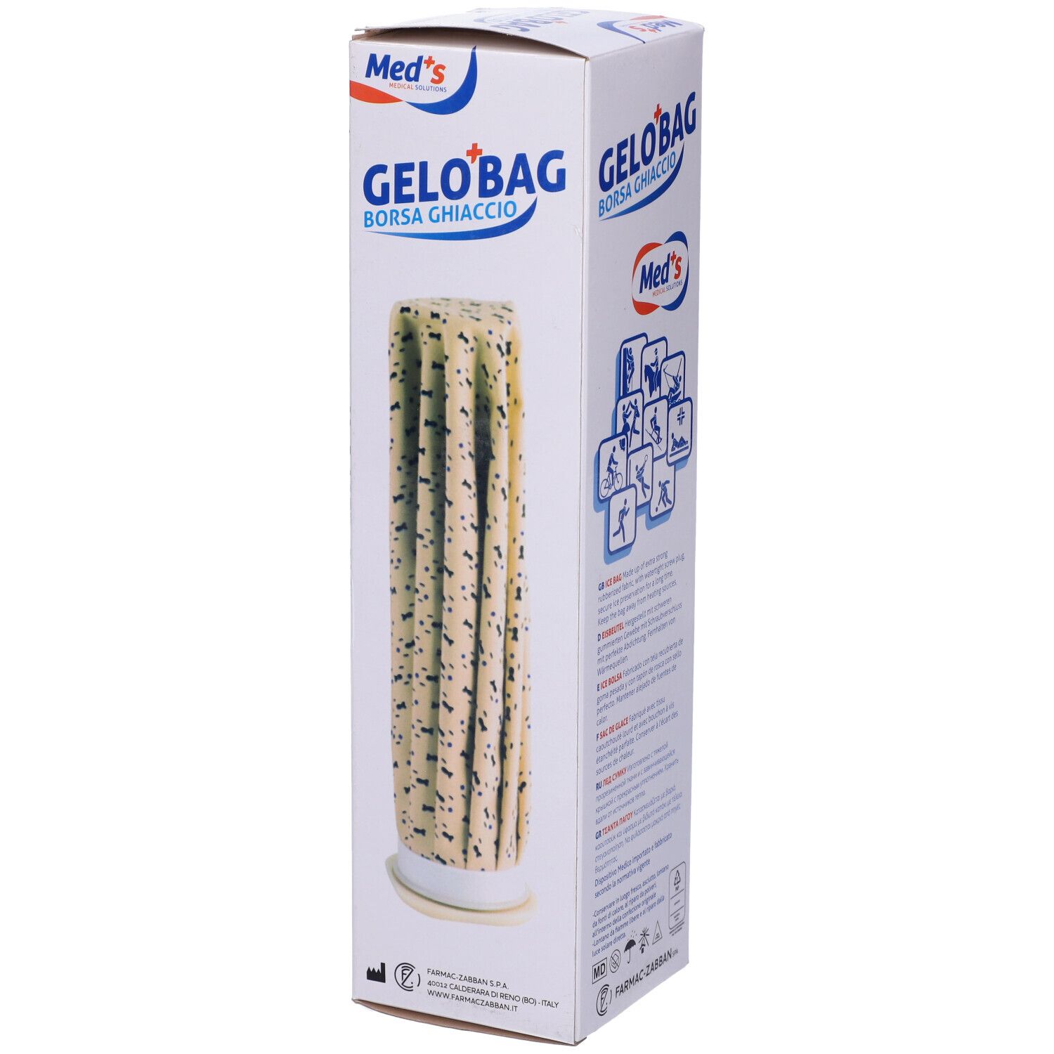 Gelobag Borsa Ghiaccio in Verpackung. Weißer Karton mit Produktnamen und Logo. Eisbeutel sichtbar.