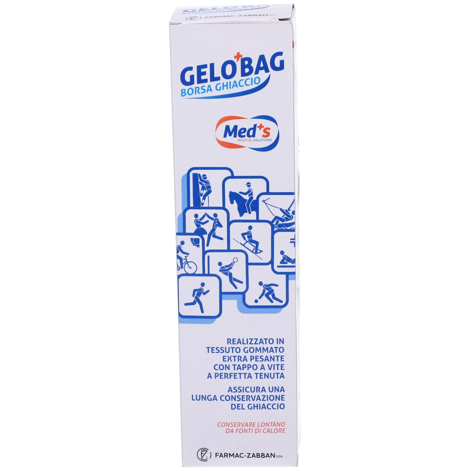 Verpackung von Gelobag Borsa Ghiaccio. Weißer Karton mit Produktnamen und Logo. Text und Piktogramme.
