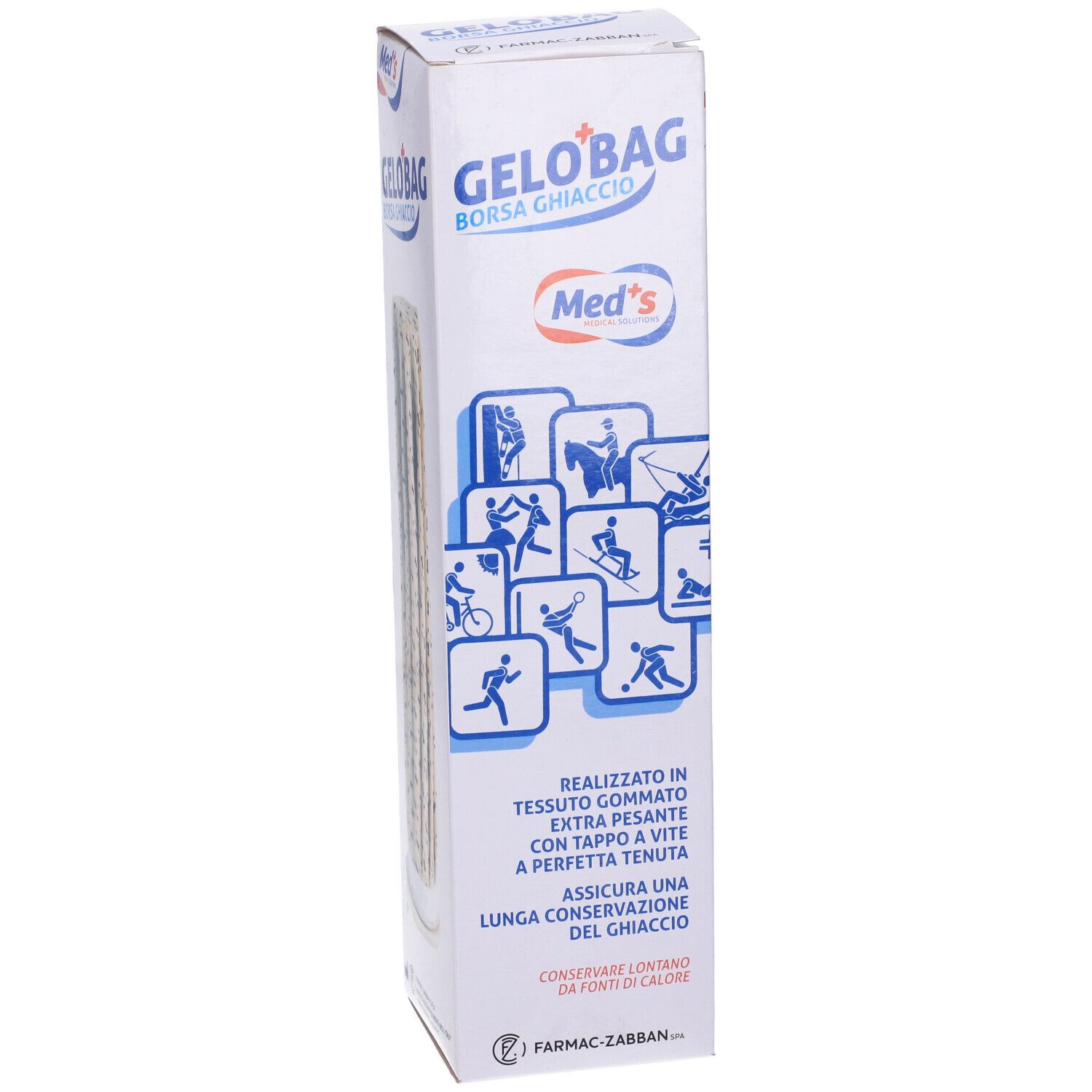 Verpackung von Gelobag Borsa Ghiaccio. Weißer Karton mit Produktnamen und Logo. Text und Piktogramme.