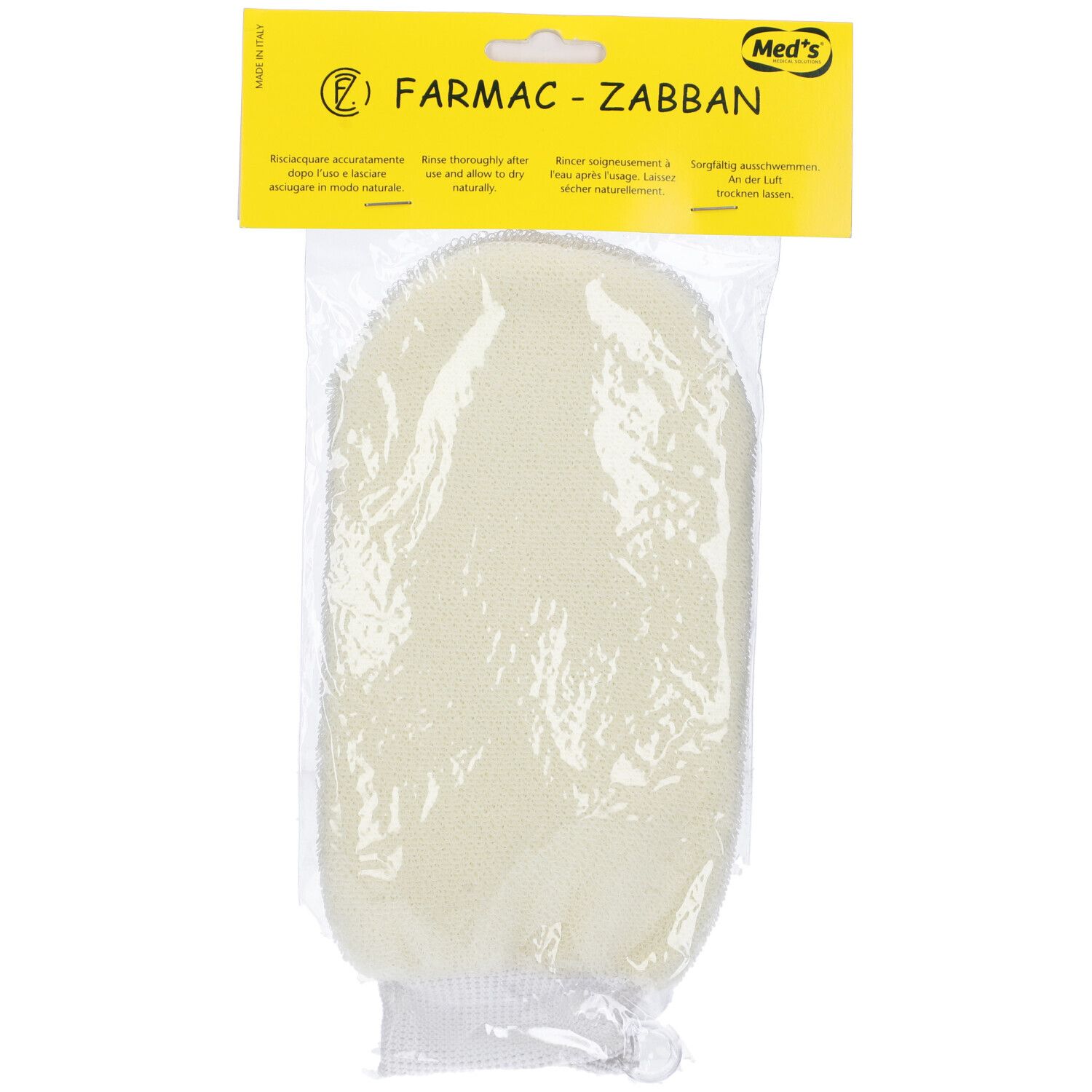 Manopola Per Massaggio In Crine Sintetico in confezione di plastica. Spazzola massaggiante giallo-bianca. Testo sulla confezione.