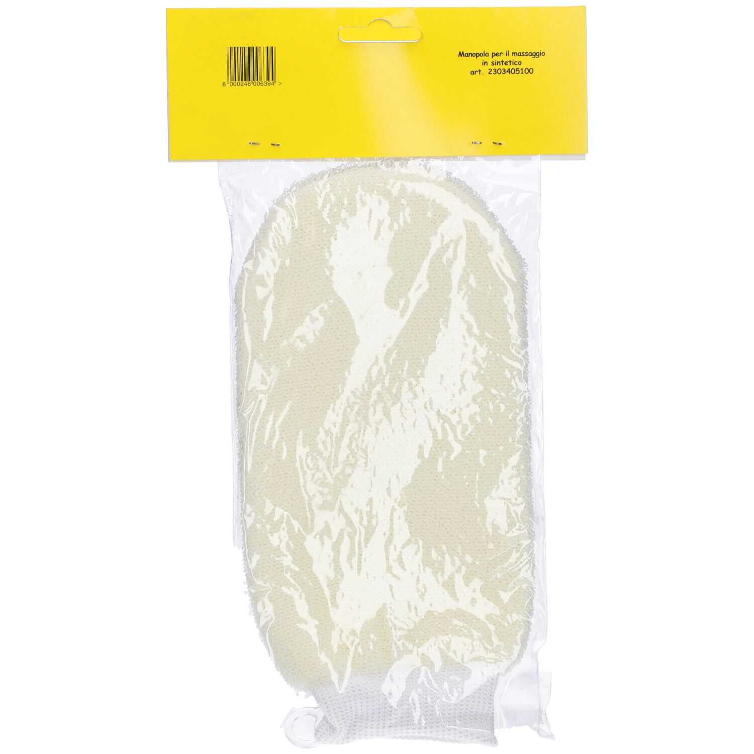 Manopola Per Massaggio In Crine Sintetico in confezione di plastica. Spazzola massaggiante giallo-bianca. Testo sulla confezione.