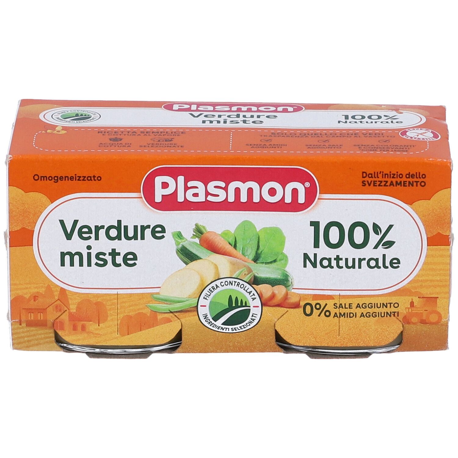 Plasmon® Gläschen mit Gemüse. Verpackung mit 4 Gläschen. Aufschrift: Verdure miste, 100% naturale. Abbildung von Gemüse.