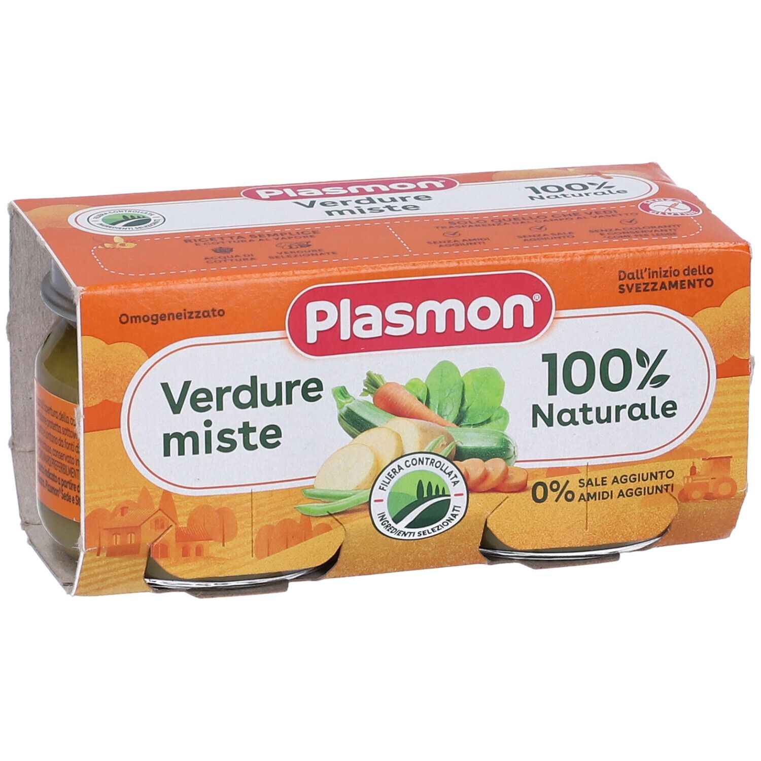 Plasmon® Gläschen mit Gemüse. Verpackung mit 4 Gläschen. Aufschrift: Verdure miste, 100% naturale. Abbildung von Gemüse.