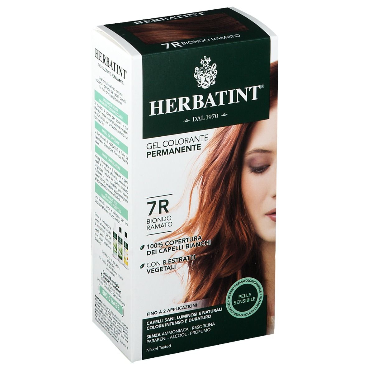 Confezione HERBATINT® 7R Biondo Ramato. Gel colorante permanente. 7R Biondo Ramato. Copertura 100% capelli bianchi. Con estratti vegetali.