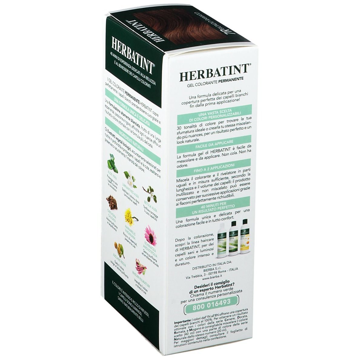 Retro confezione HERBATINT® 7R. Gel colorante permanente. Ingredienti: Aloe Vera, Limnanthes Alba, corteccia di betulla, ecc. 8 estratti naturali.