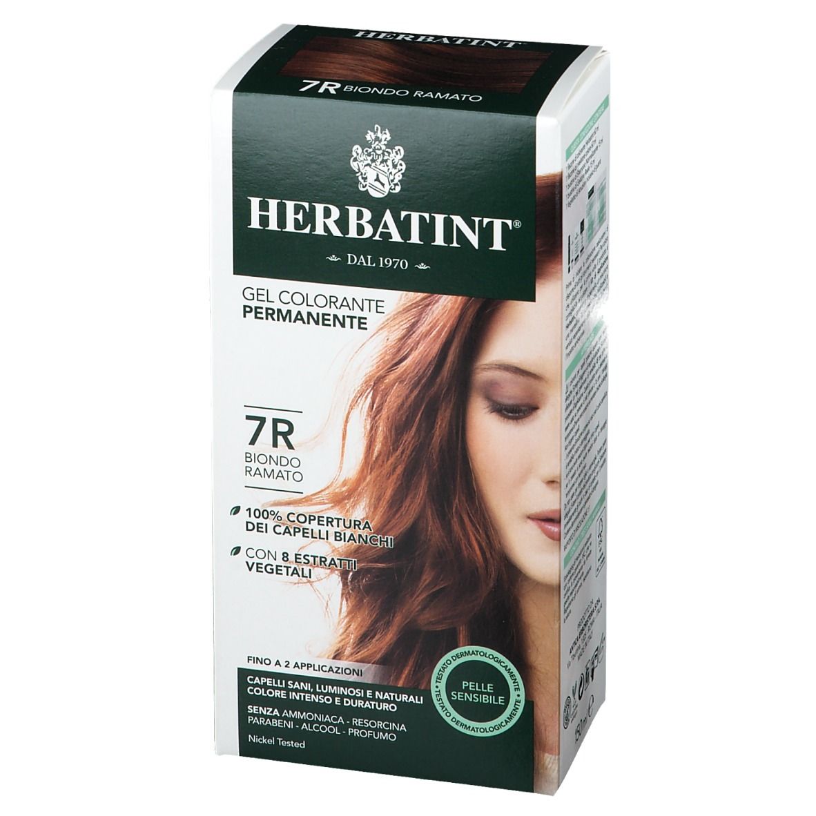 Confezione HERBATINT® 7R Biondo Ramato. Gel colorante permanente. 7R Biondo Ramato. Copertura 100% capelli bianchi. Con estratti vegetali.