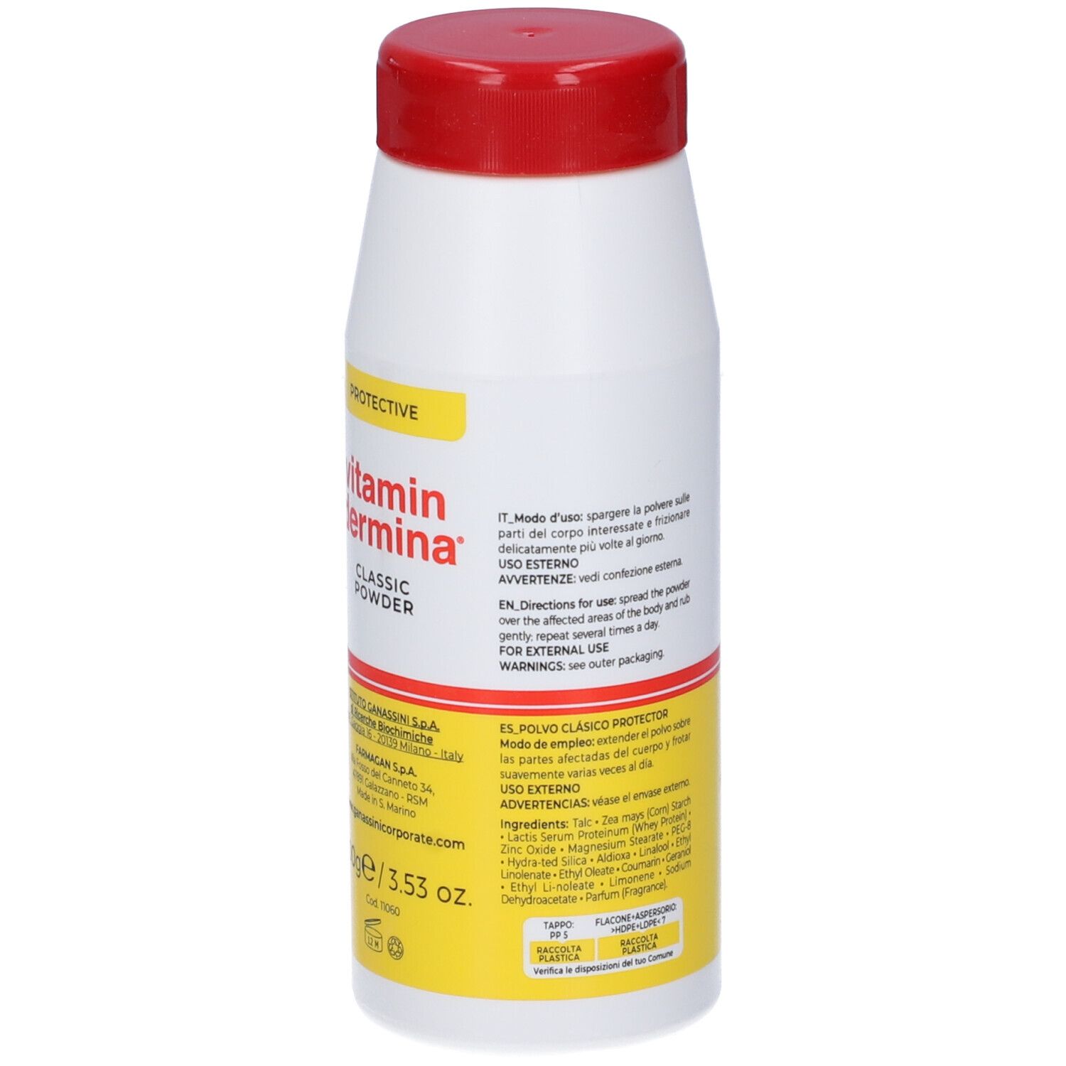 Vitamin Dermina Puder, weiße Flasche mit rotem Deckel. Gelber Aufkleber mit Text und Icons. Lot-Nummer.