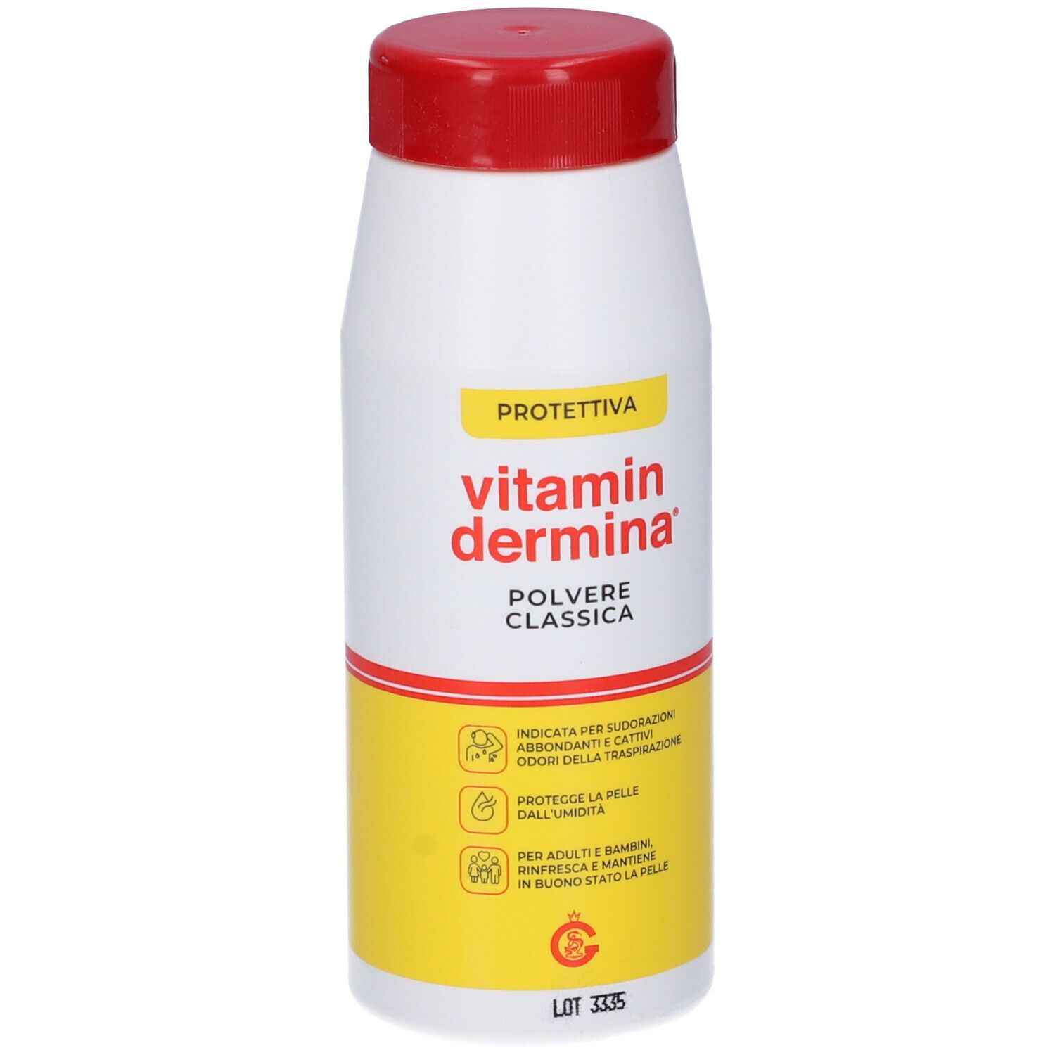 Vitamin Dermina Puder, weiße Flasche mit rotem Deckel. Gelber Aufkleber mit Text und Icons. Lot-Nummer.