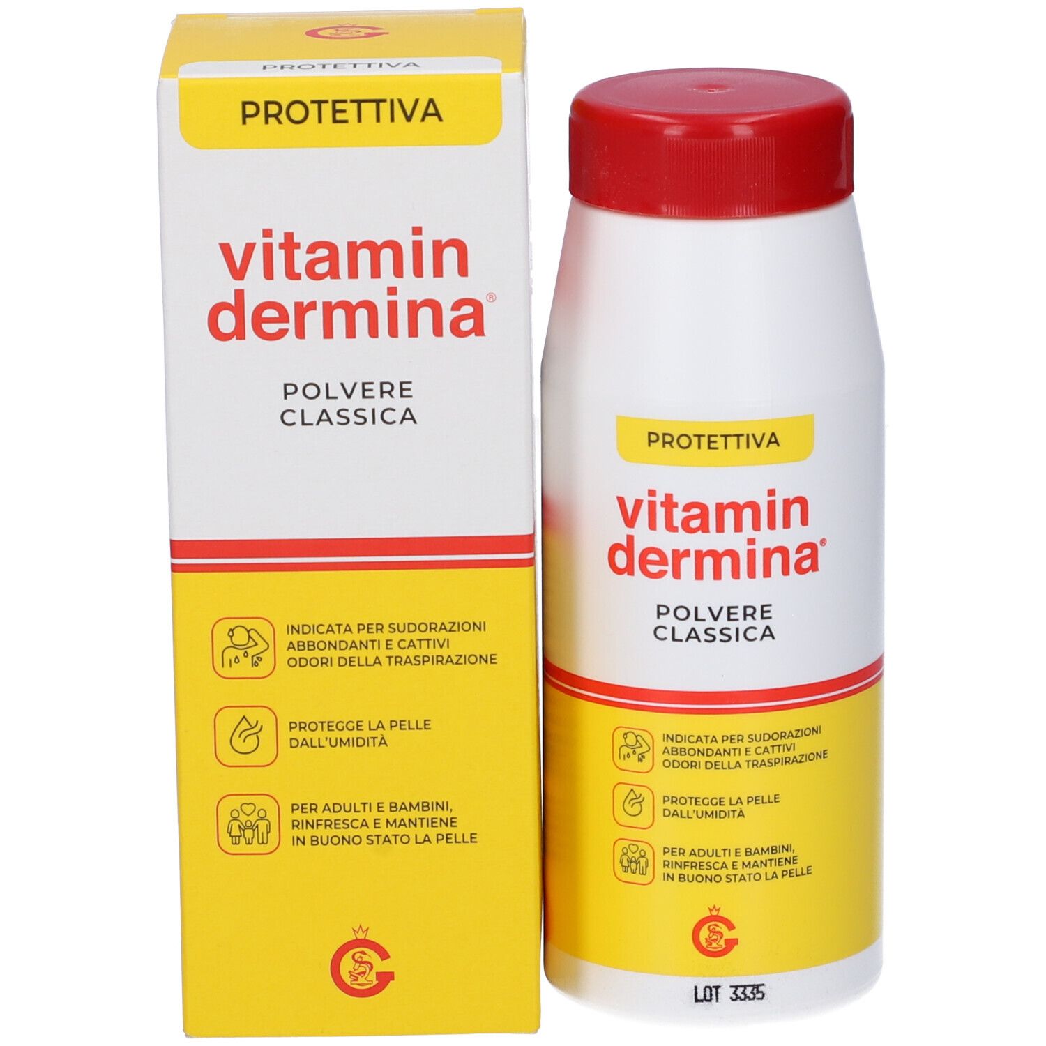 Vitamin Dermina Puder, Flasche und Schachtel. Weiße Flasche mit rotem Deckel. Gelbe Schachtel.