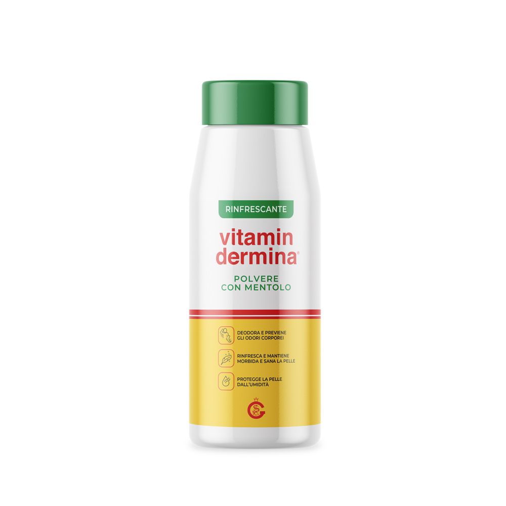 Flacon blanc et vert de poudre Vitamin Dermina® avec menthol. Inscription: Polvere con Mentolo, rafraîchissant, désodorisant.