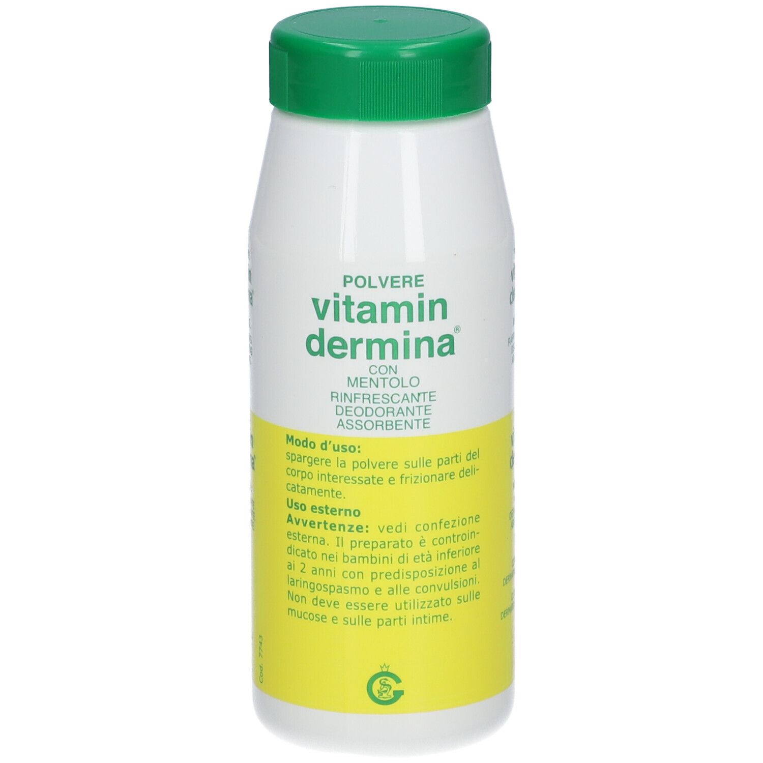 Flacon blanc et vert de poudre Vitamin Dermina® avec menthol. Inscription: Polvere, rafraîchissant, désodorisant, absorbant. Mode d'emploi.