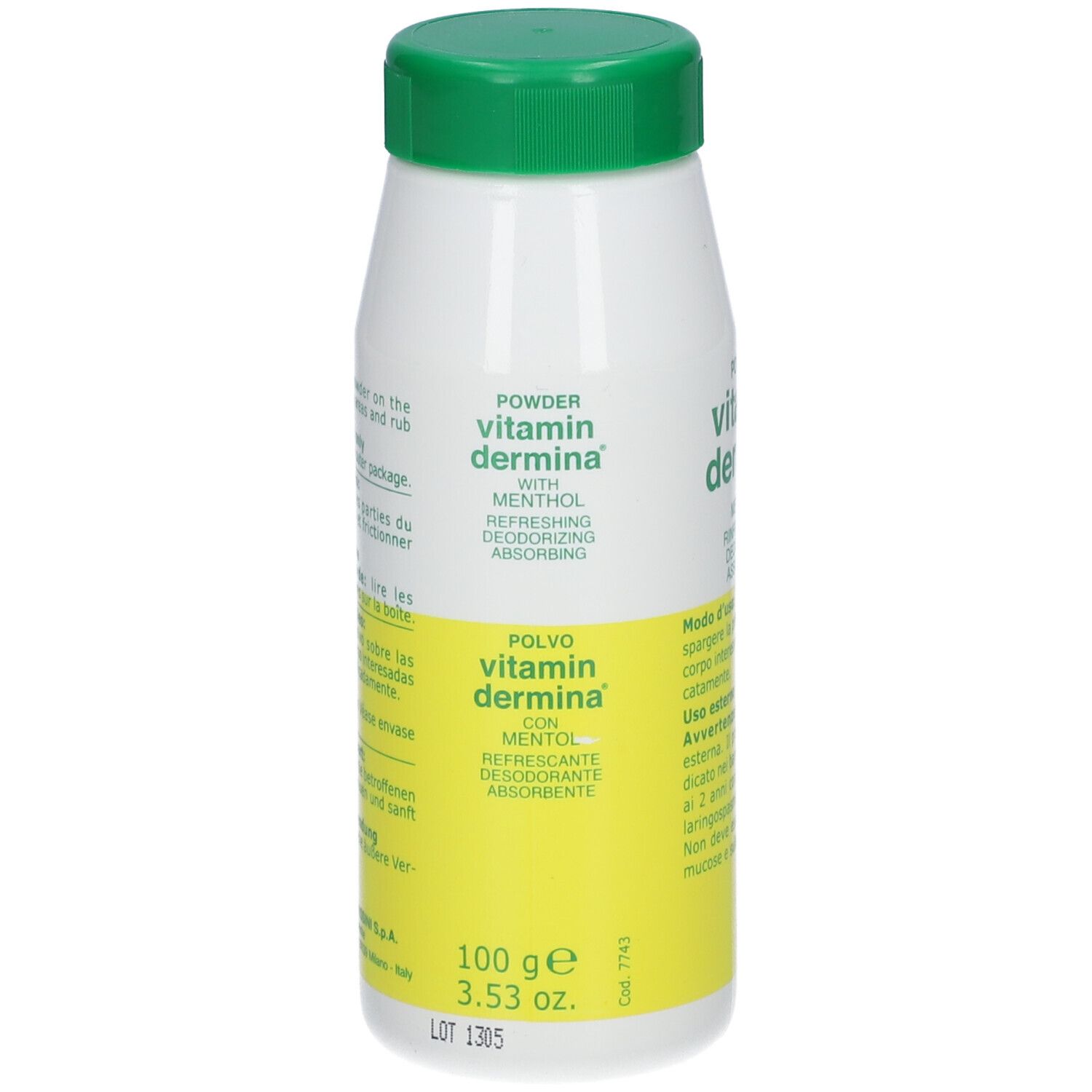 Flacon blanc et vert de poudre Vitamin Dermina® avec menthol. Inscription: Polvere, rafraîchissant, désodorisant, absorbant. Mode d'emploi.