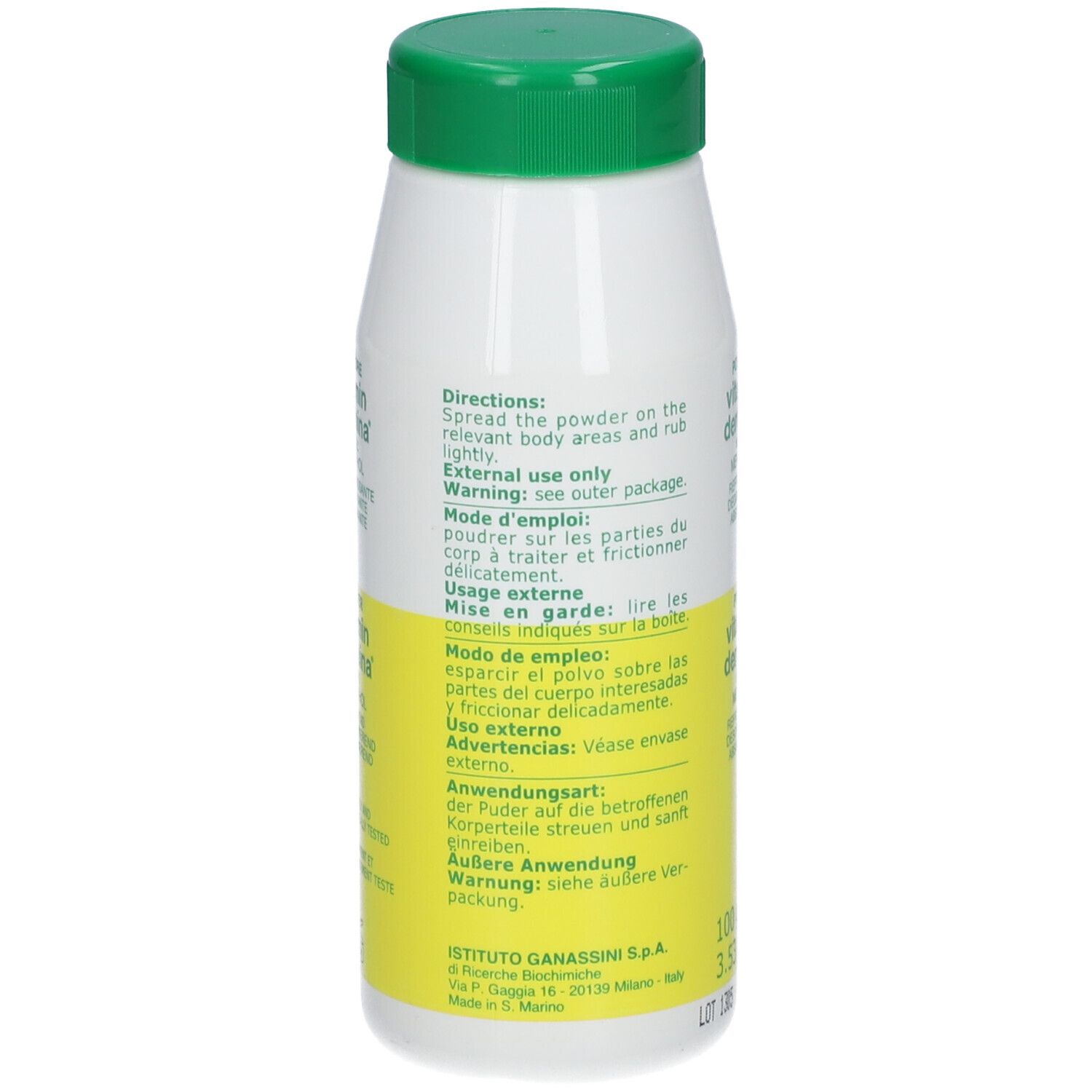 Flacon blanc et vert de poudre Vitamin Dermina® avec menthol. Inscription: Polvo, con Mentol, Refrescante, Désodorisant, Absorbant. 100 g.