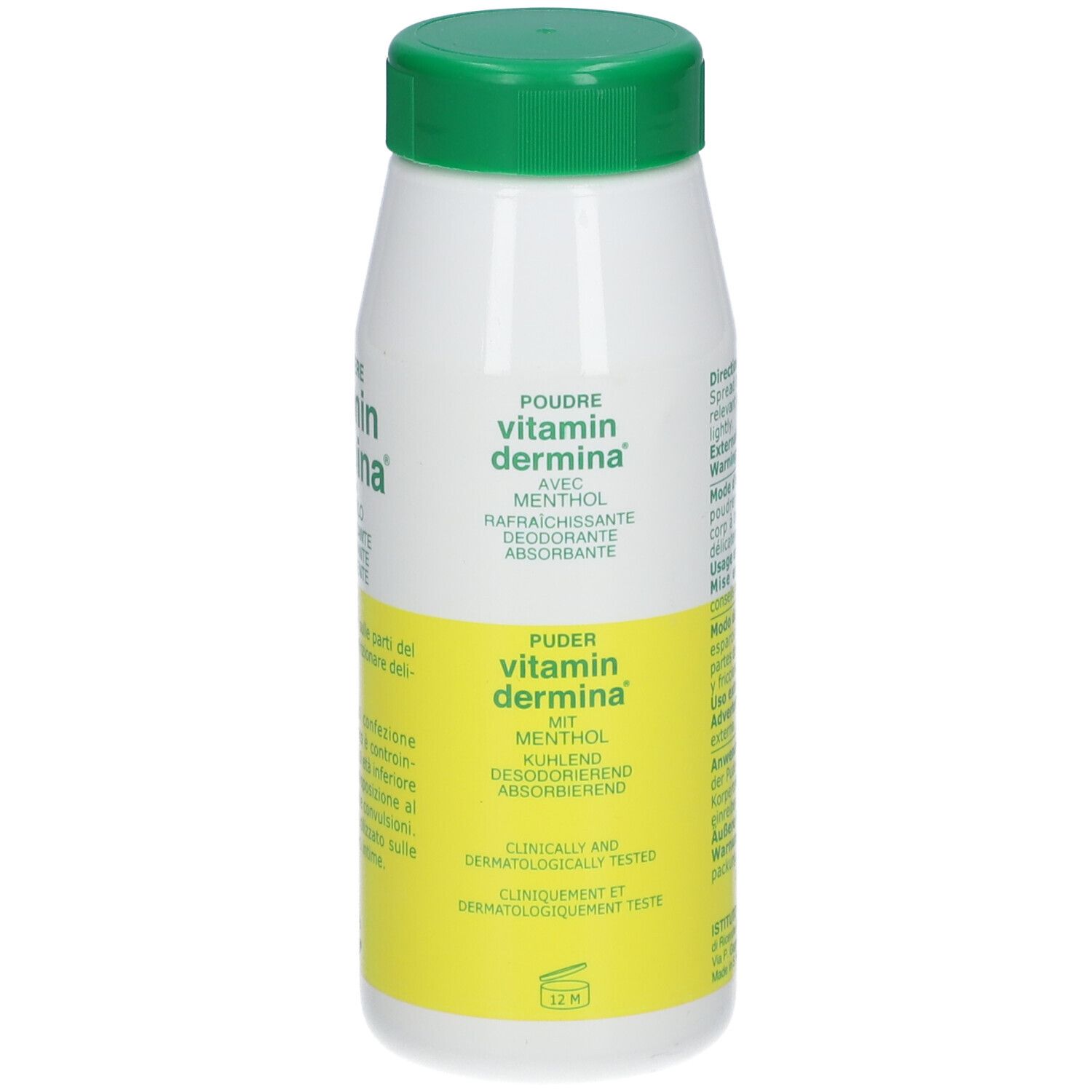 Flacon blanc et vert de poudre Vitamin Dermina® avec menthol. Inscription: Polvo, con Mentol, Refrescante, Désodorisant, Absorbant. Mode d'emploi.