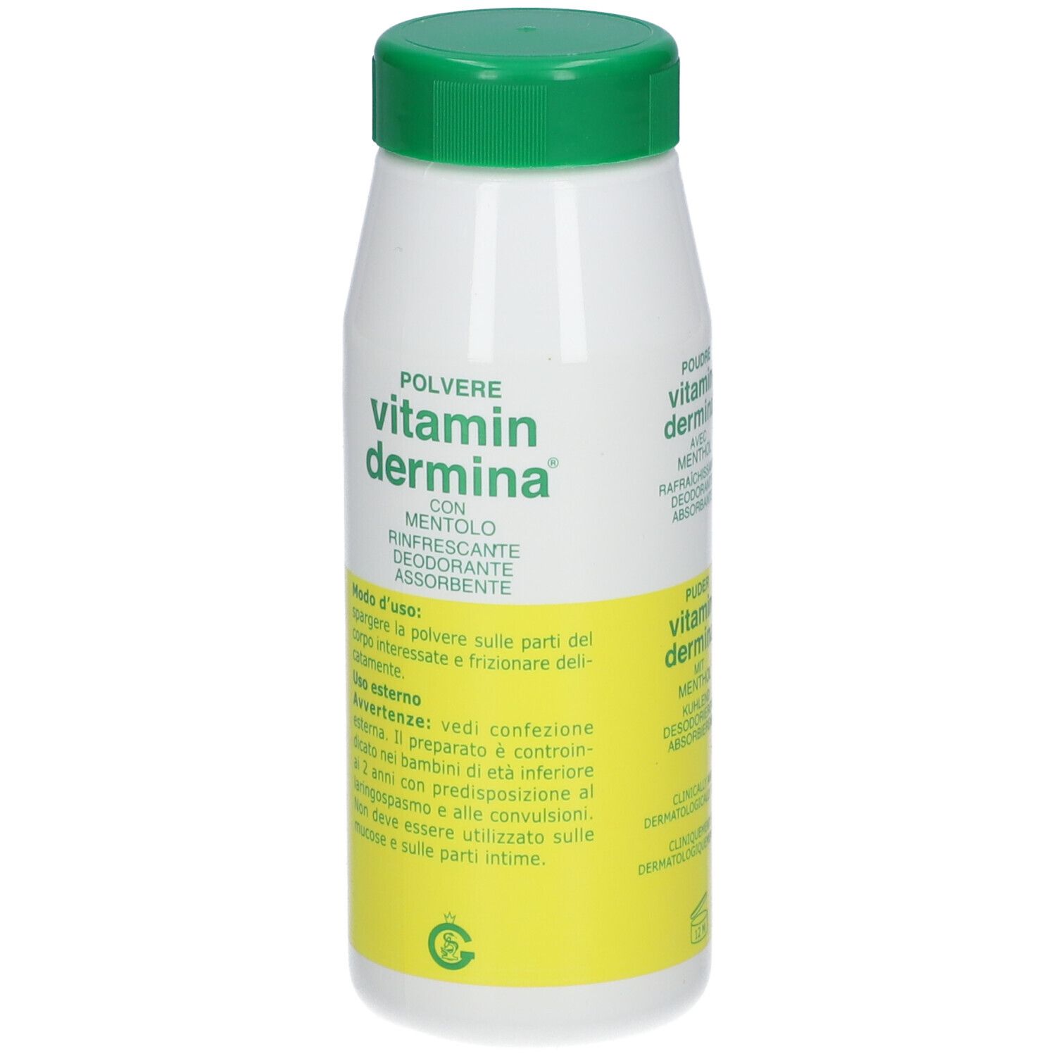 Flacon blanc et vert de poudre Vitamin Dermina® avec menthol. Inscription: Poudre, avec Menthol, Rafraîchissant, Désodorisant, Absorbant. Testé.