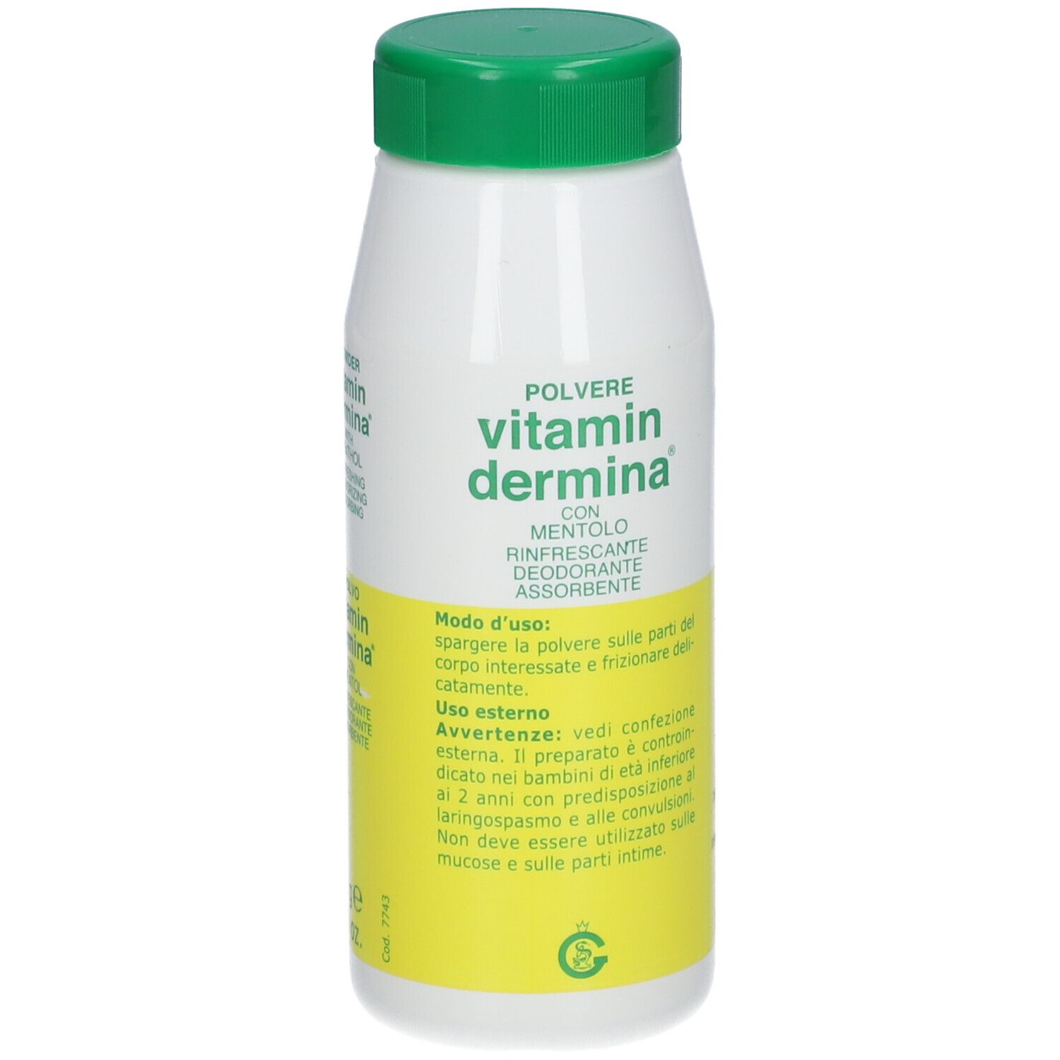 Flacon blanc et vert de poudre Vitamin Dermina® avec menthol. Inscription: Polvere, rafraîchissant, désodorisant, absorbant. Mode d'emploi.