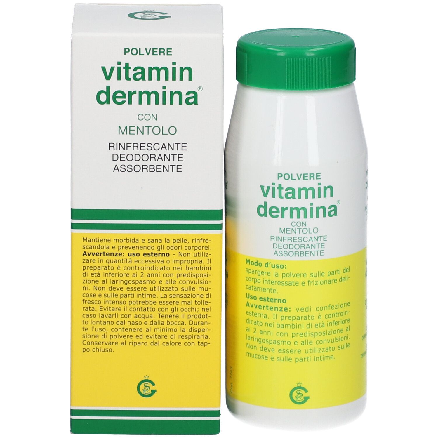 Flacon et emballage de poudre Vitamin Dermina®. Flacon: blanc-vert, texte: Polvere, rinfrescante, deodorante, assorbente. Emballage: blanc, vert.